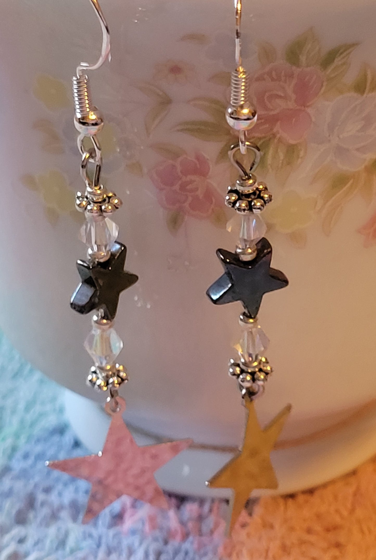 Artisan Dainty Silver STAR Clear CRYSTAL Dangle Drop Earrings Rhinestones