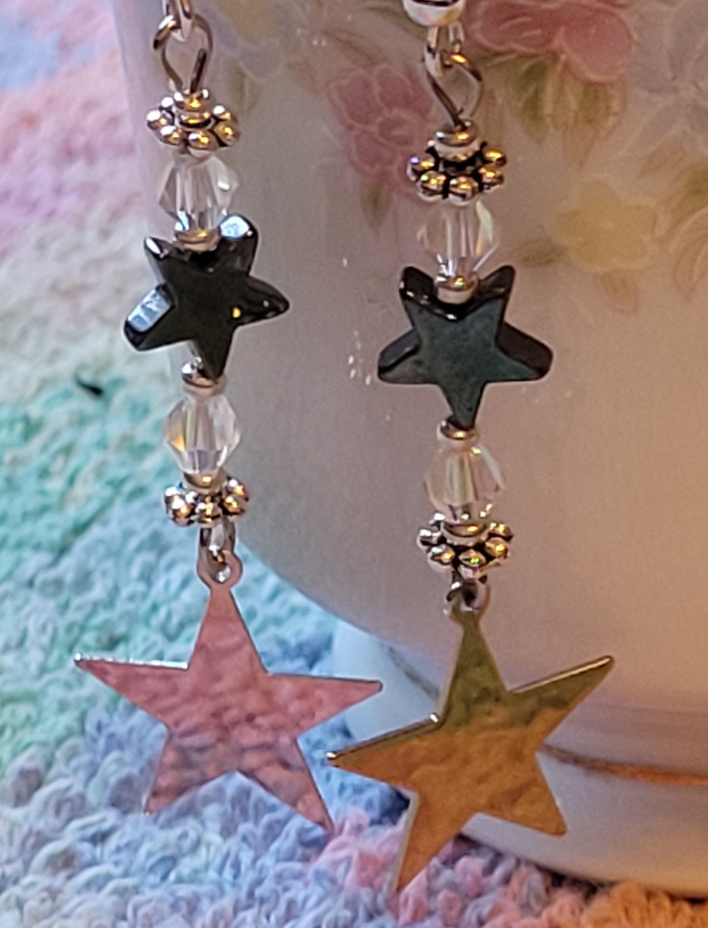 Artisan Dainty Silver STAR Clear CRYSTAL Dangle Drop Earrings Rhinestones