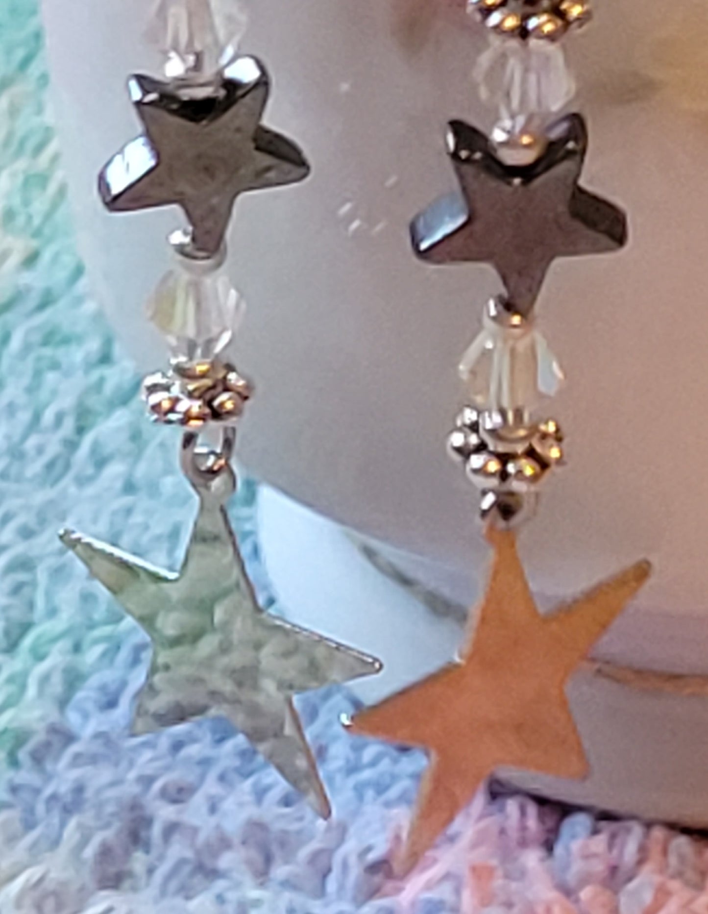 Artisan Dainty Silver STAR Clear CRYSTAL Dangle Drop Earrings Rhinestones