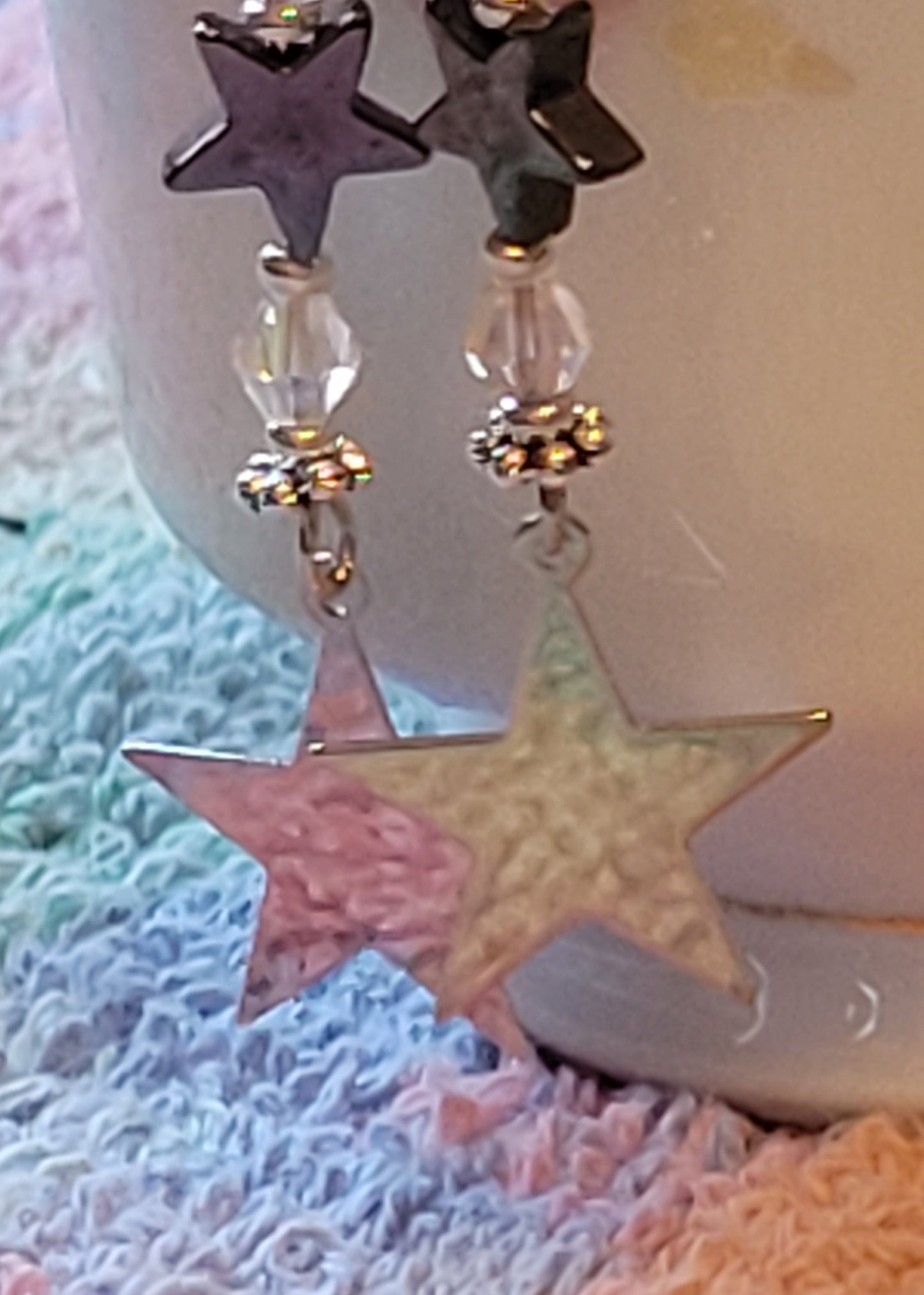 Artisan Dainty Silver STAR Clear CRYSTAL Dangle Drop Earrings Rhinestones