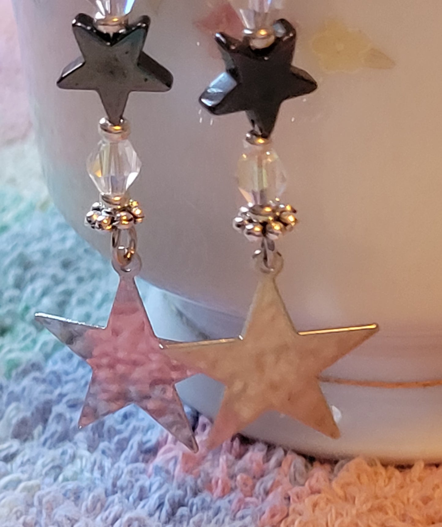 Artisan Dainty Silver STAR Clear CRYSTAL Dangle Drop Earrings Rhinestones