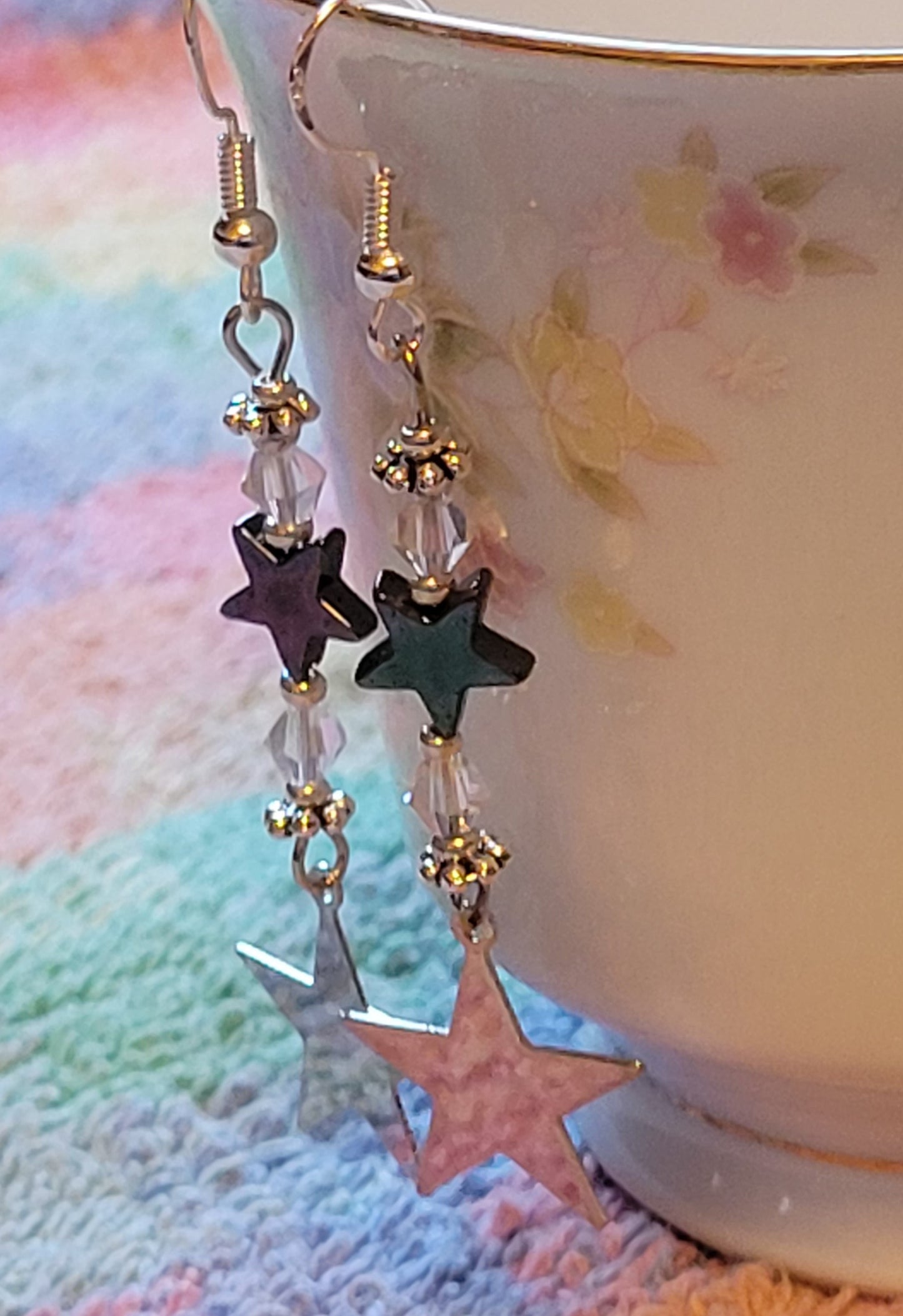 Artisan Dainty Silver STAR Clear CRYSTAL Dangle Drop Earrings Rhinestones