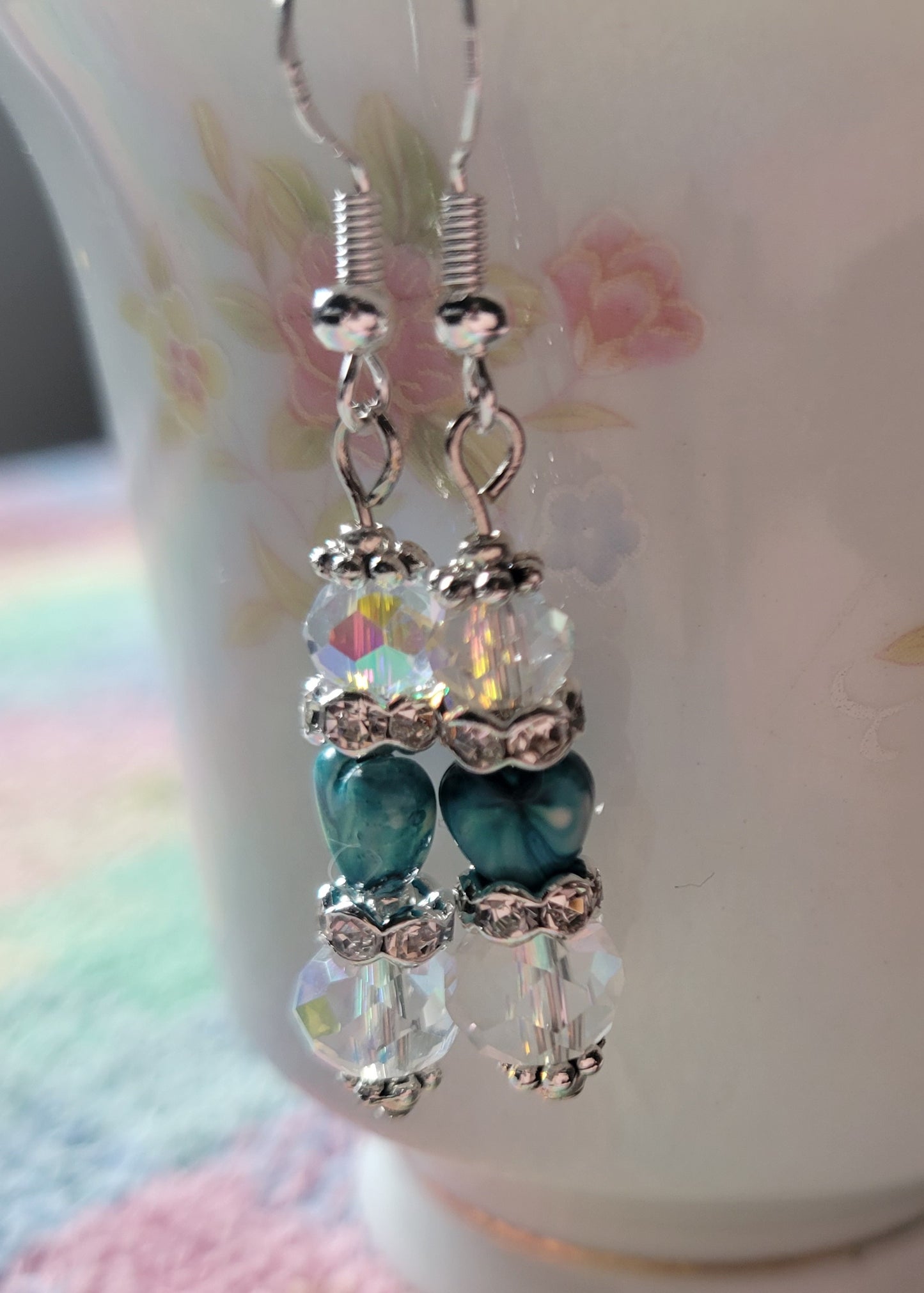 Artisan Elegant Turquoise Heart Crystal Rhinestone Dangle Earrings French Wire