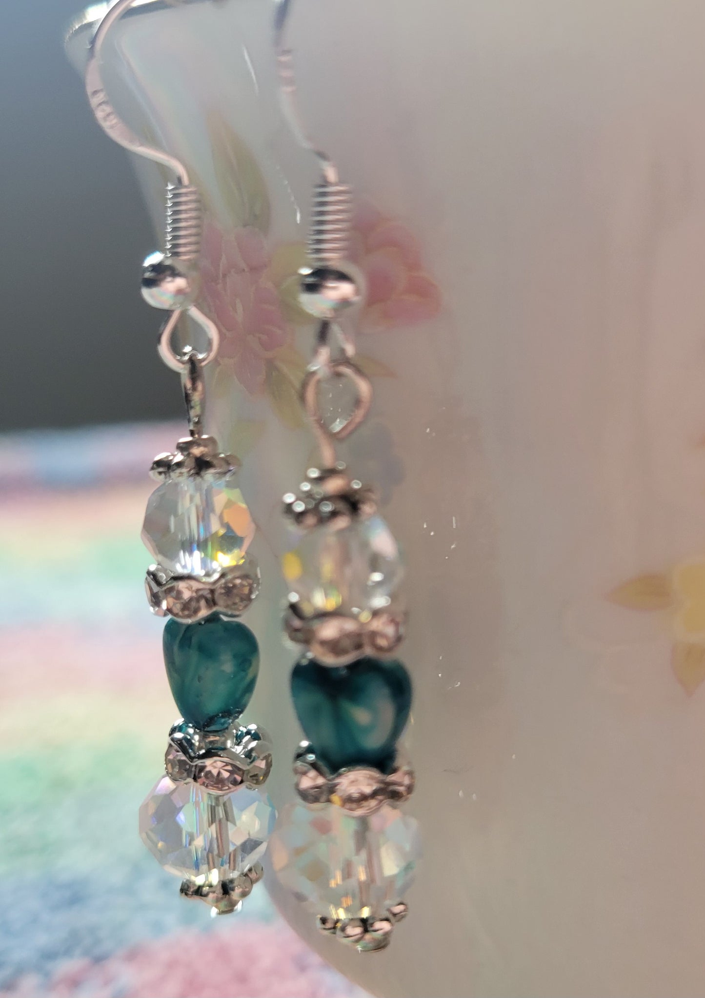 Artisan Elegant Turquoise Heart Crystal Rhinestone Dangle Earrings French Wire