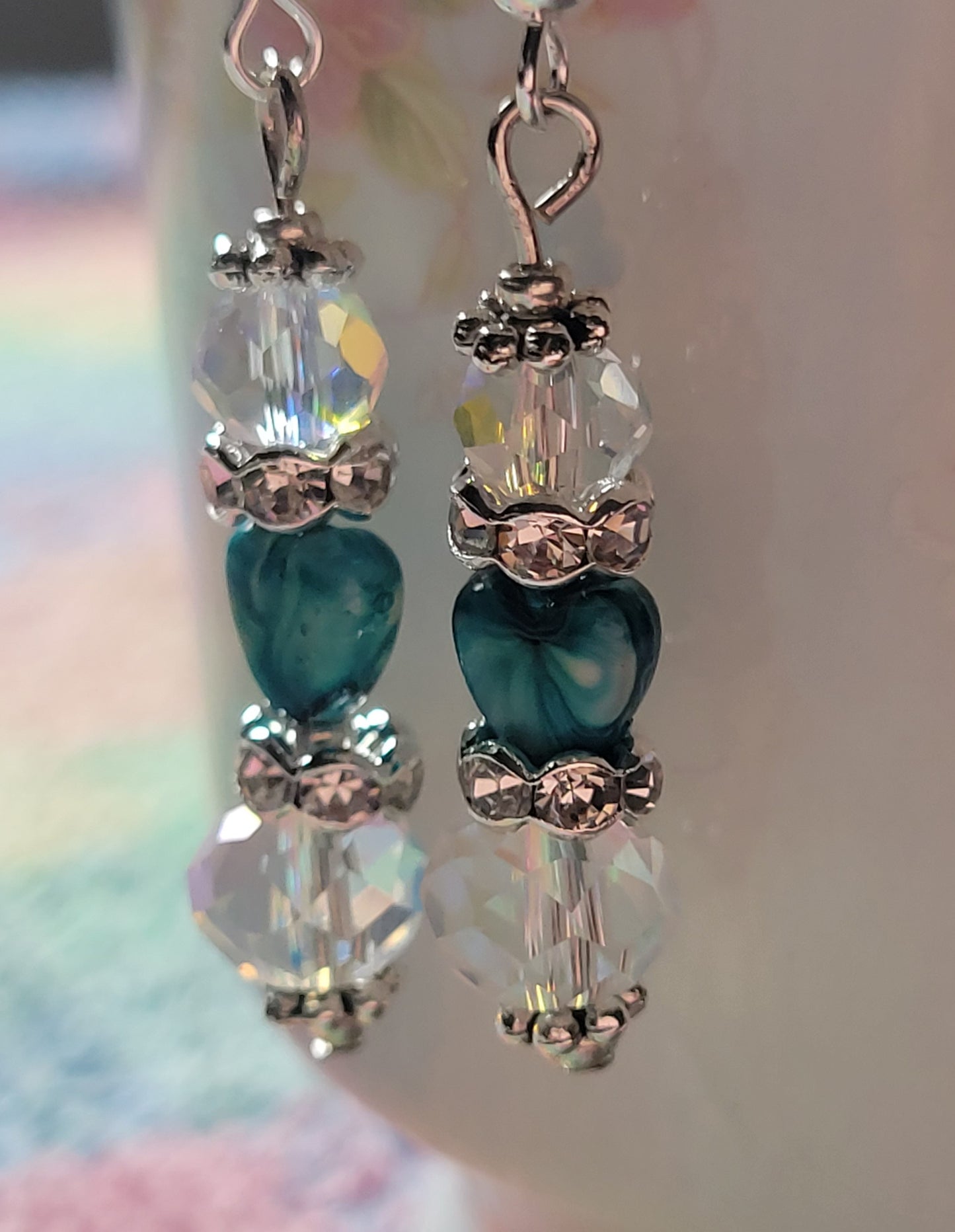 Artisan Elegant Turquoise Heart Crystal Rhinestone Dangle Earrings French Wire