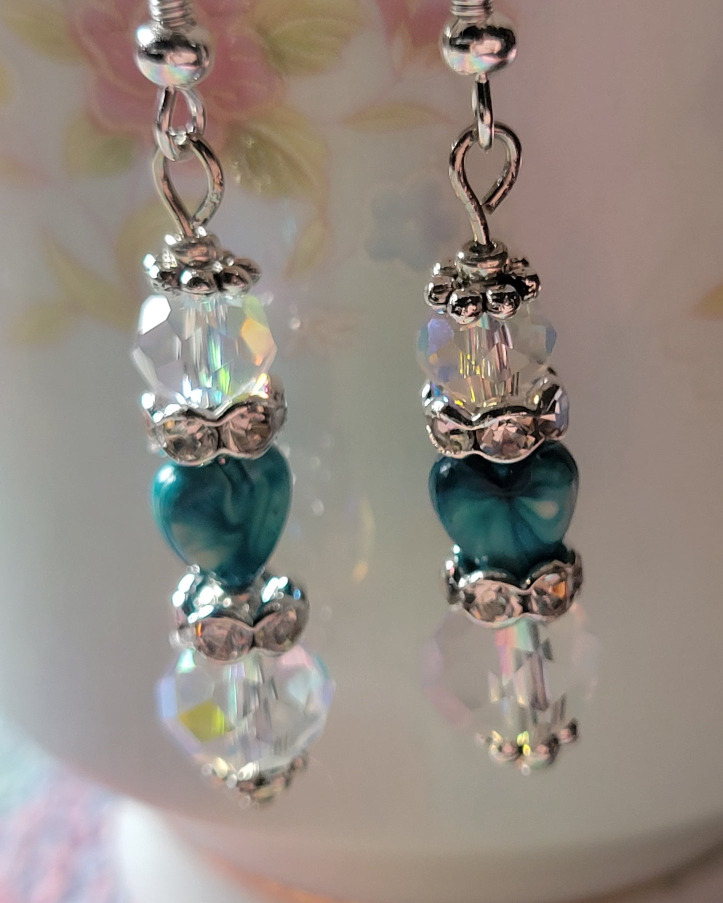 Artisan Elegant Turquoise Heart Crystal Rhinestone Dangle Earrings French Wire