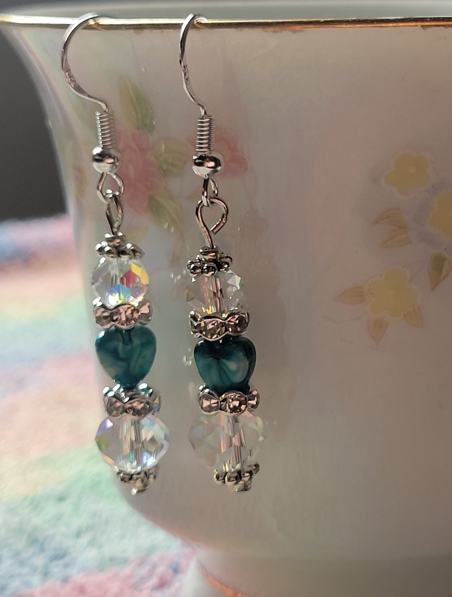 Artisan Elegant Turquoise Heart Crystal Rhinestone Dangle Earrings French Wire