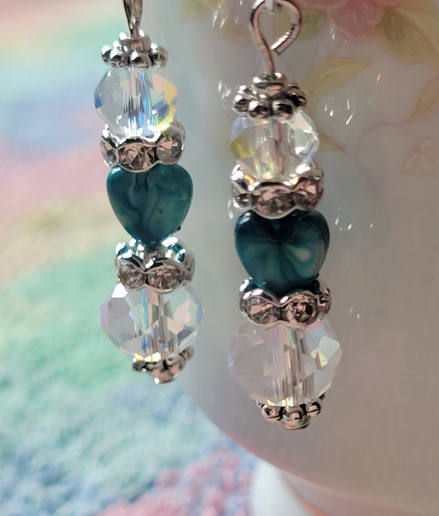 Artisan Elegant Turquoise Heart Crystal Rhinestone Dangle Earrings French Wire