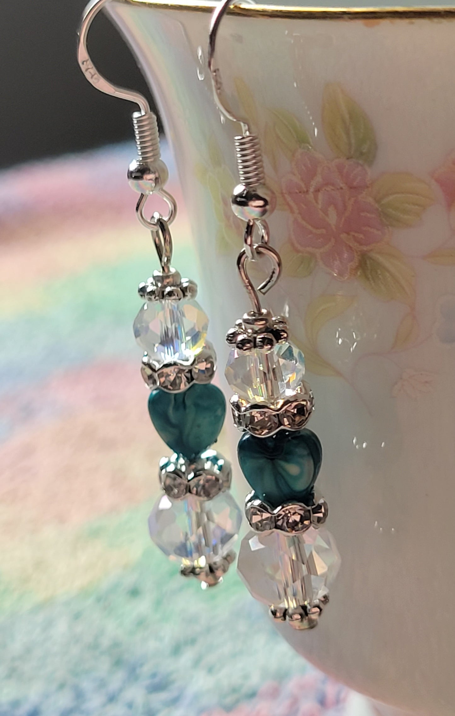 Artisan Elegant Turquoise Heart Crystal Rhinestone Dangle Earrings French Wire