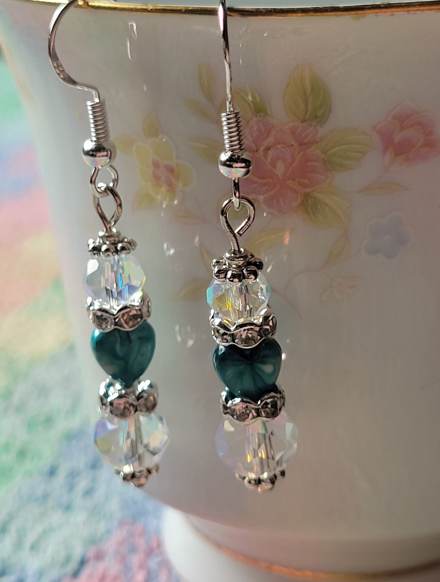 Artisan Elegant Turquoise Heart Crystal Rhinestone Dangle Earrings French Wire