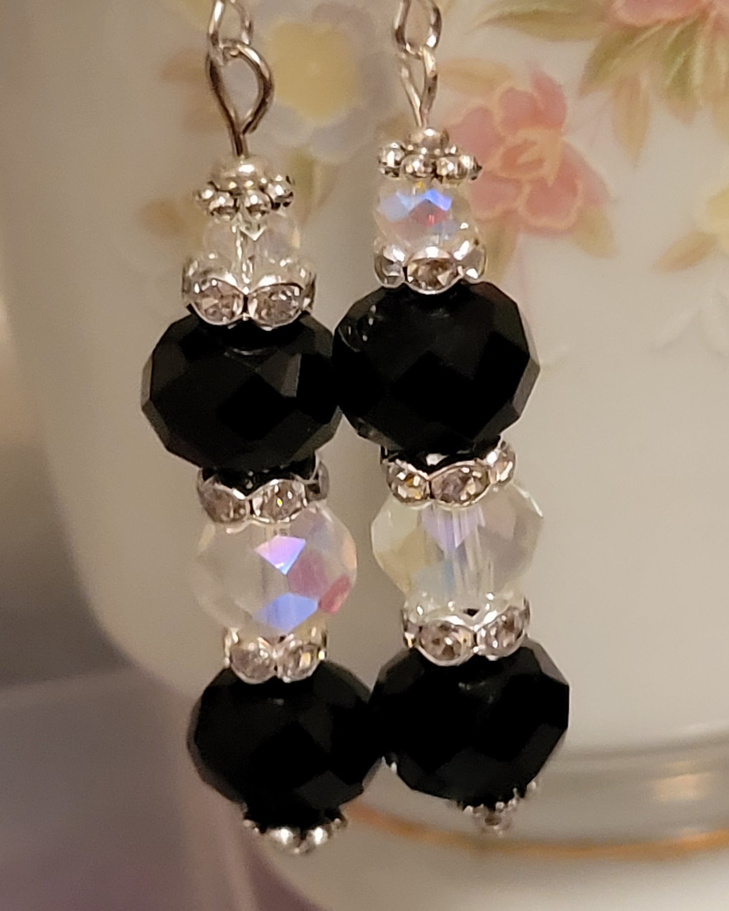 Artisan Elegant BLACK & CLEAR Crystal Dangle Rhinestone Silver PiercedEarrings