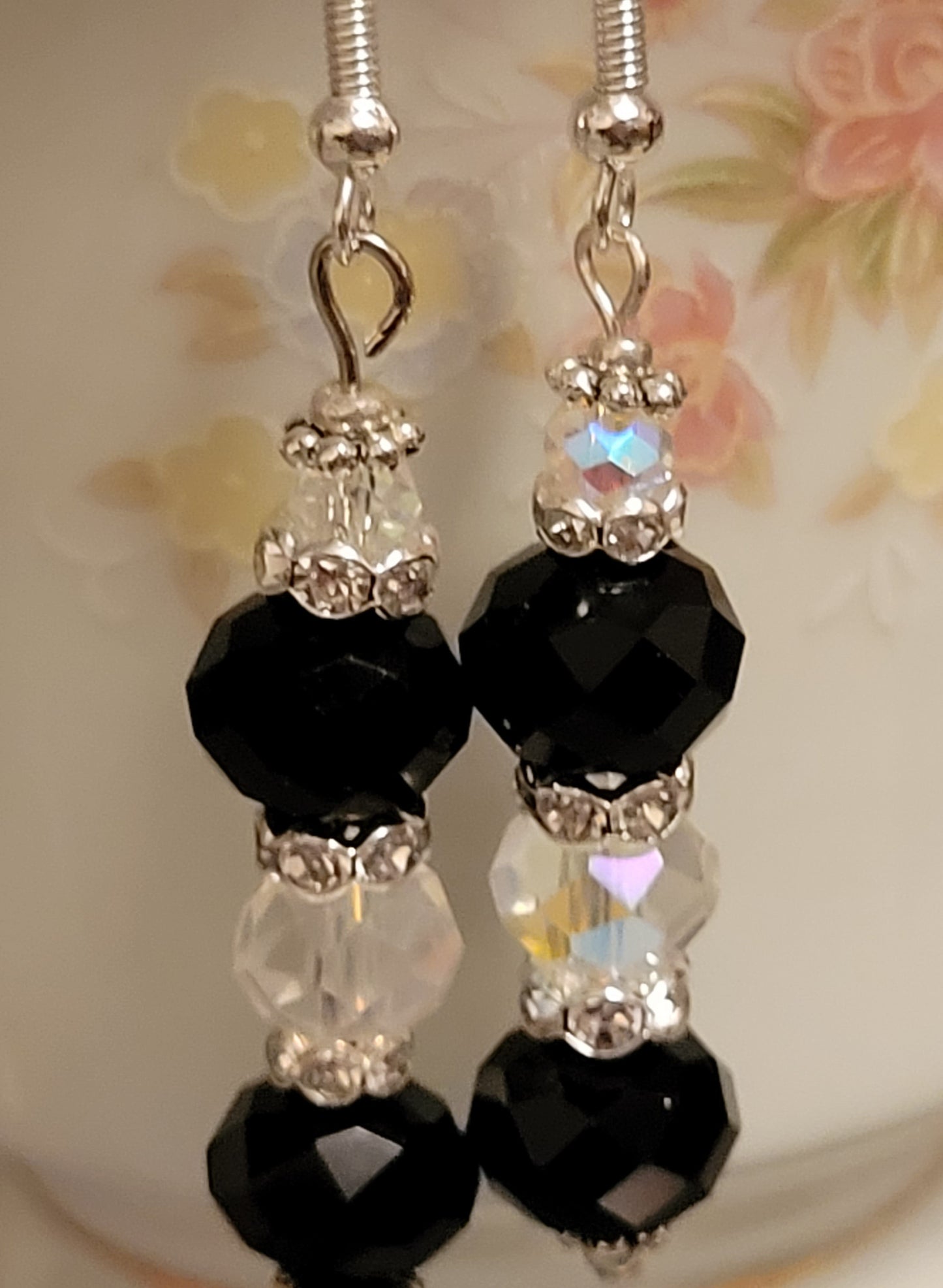 Artisan Elegant BLACK & CLEAR Crystal Dangle Rhinestone Silver PiercedEarrings