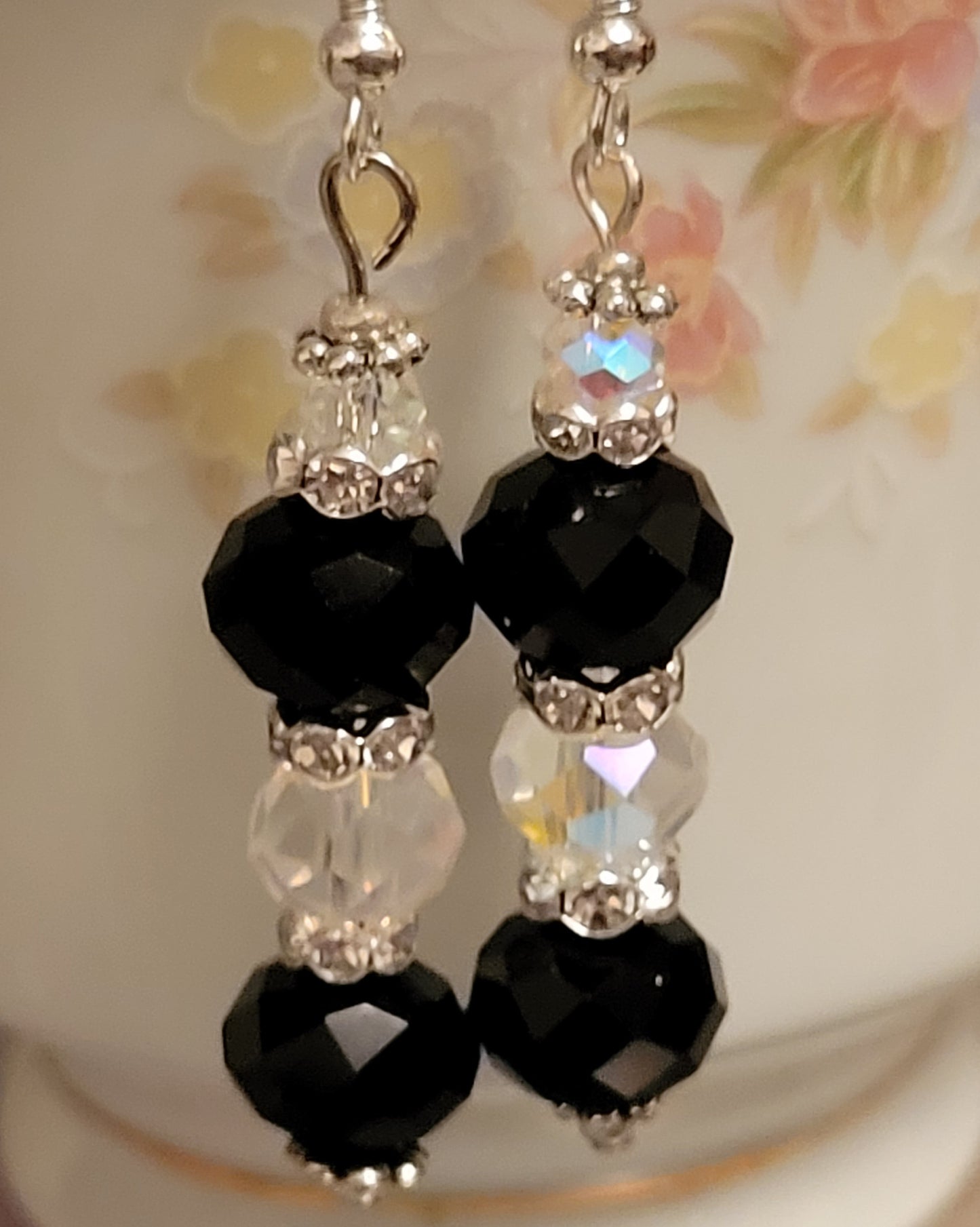 Artisan Elegant BLACK & CLEAR Crystal Dangle Rhinestone Silver PiercedEarrings