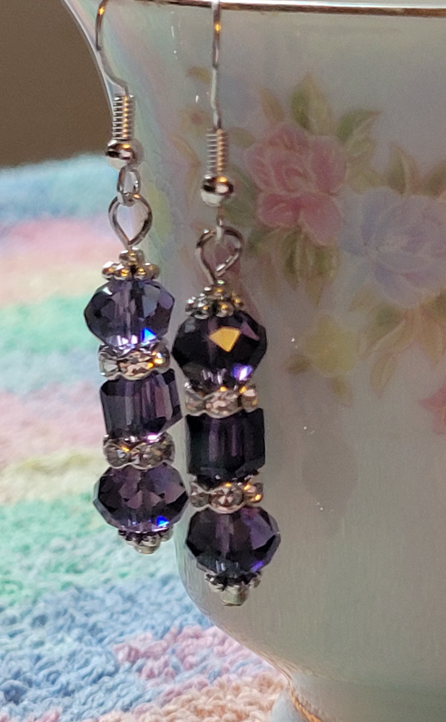 Artisan Elegant PURPLE Crystal Dangle Rhinestone Silver Earrings French Wire