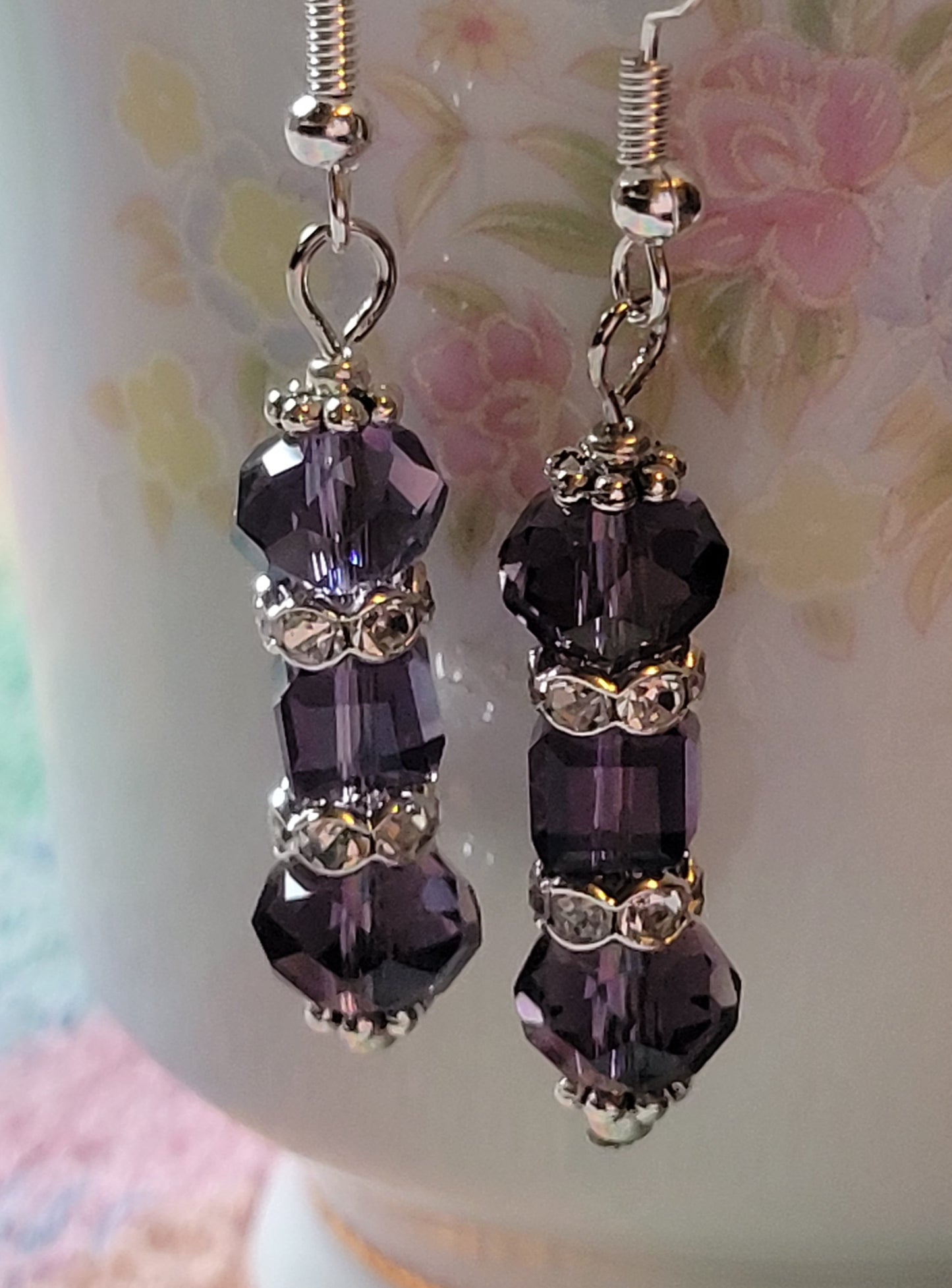 Artisan Elegant PURPLE Crystal Dangle Rhinestone Silver Earrings French Wire