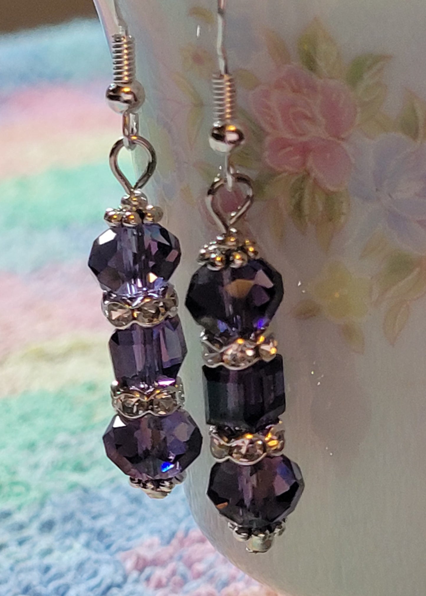 Artisan Elegant PURPLE Crystal Dangle Rhinestone Silver Earrings French Wire