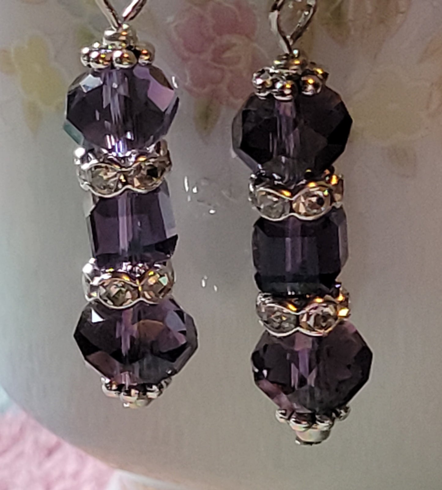Artisan Elegant PURPLE Crystal Dangle Rhinestone Silver Earrings French Wire