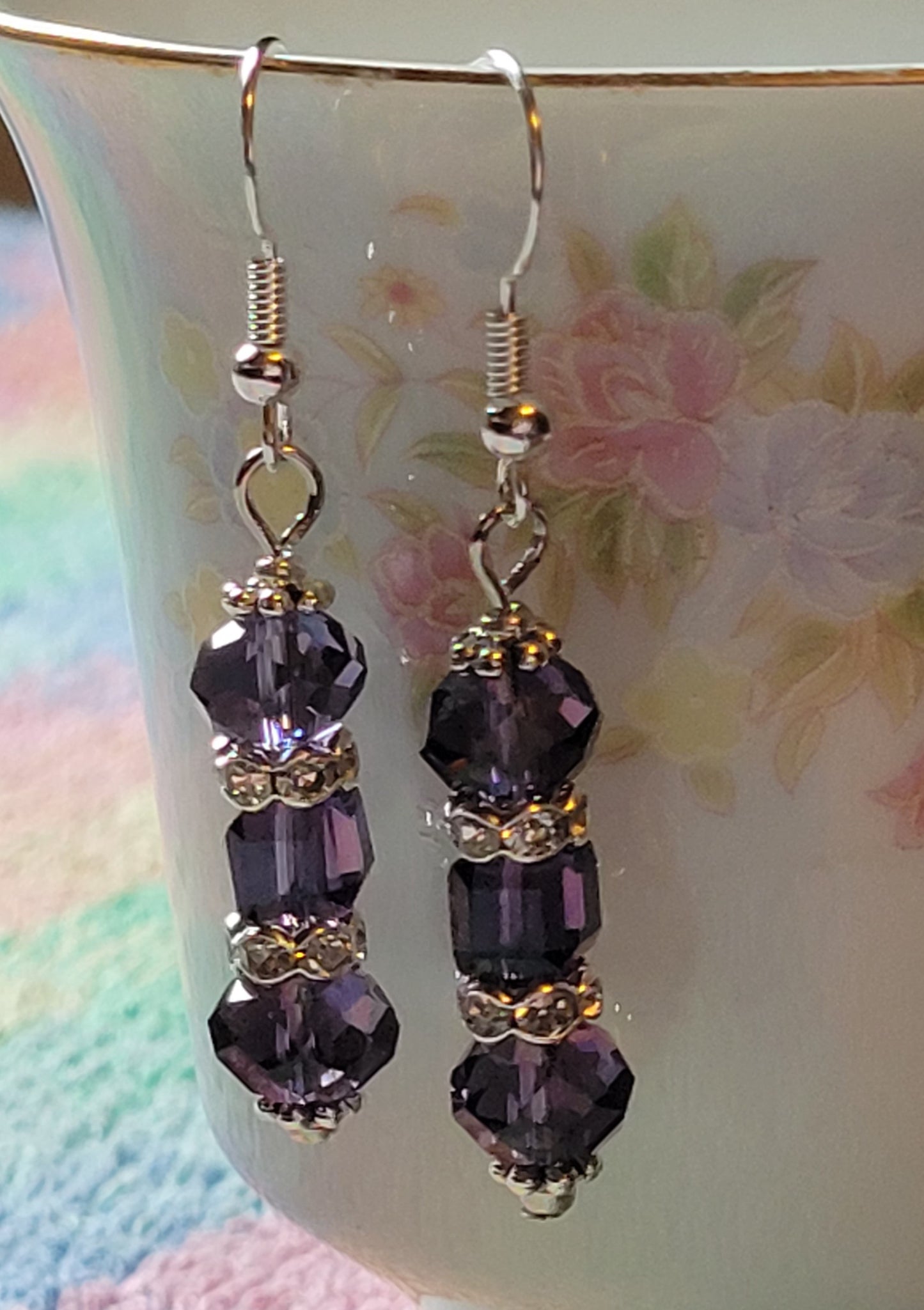 Artisan Elegant PURPLE Crystal Dangle Rhinestone Silver Earrings French Wire