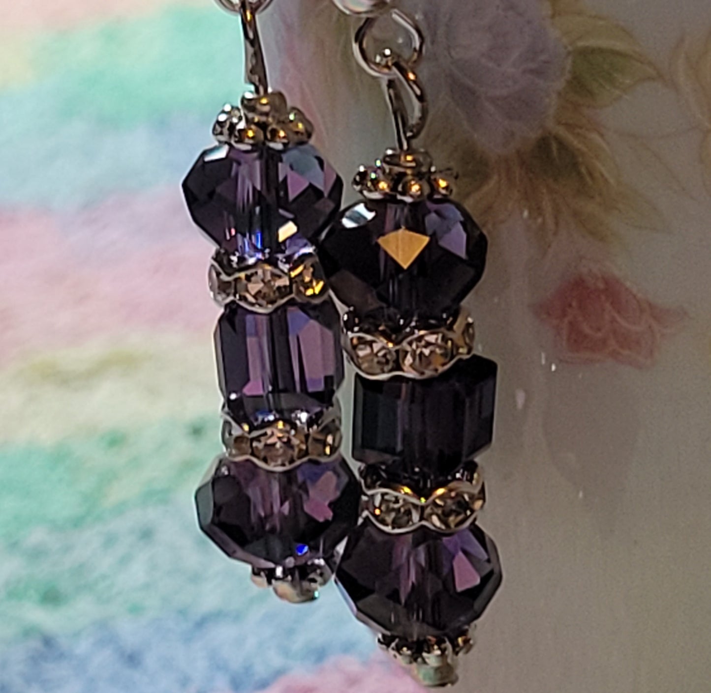 Artisan Elegant PURPLE Crystal Dangle Rhinestone Silver Earrings French Wire