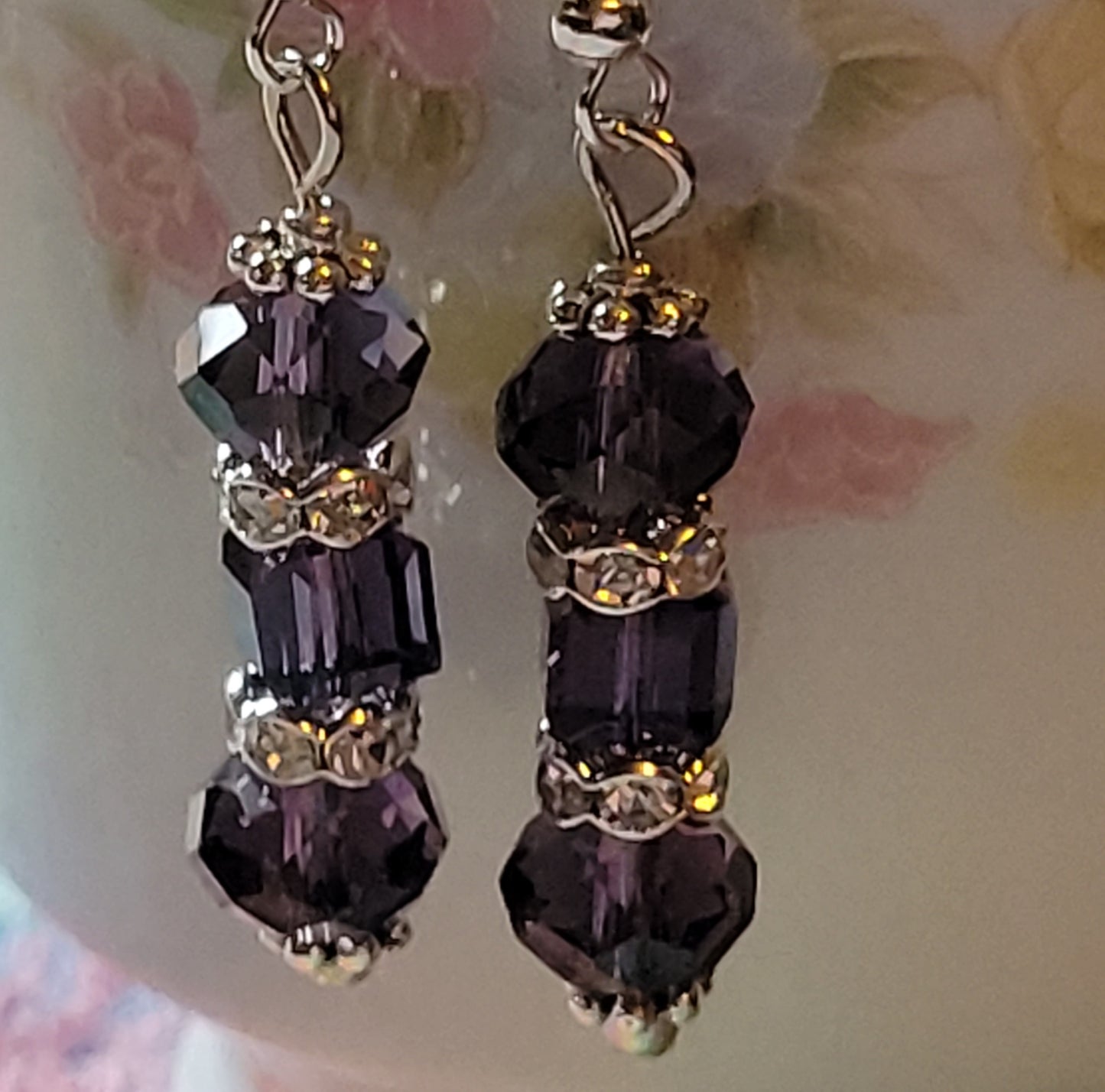 Artisan Elegant PURPLE Crystal Dangle Rhinestone Silver Earrings French Wire