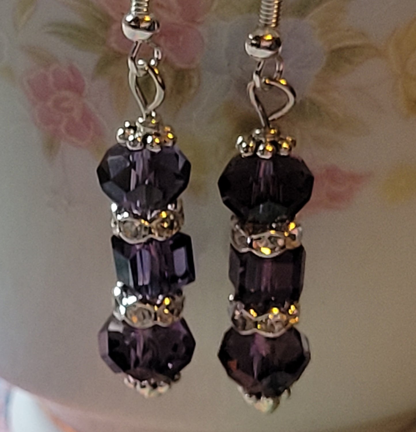 Artisan Elegant PURPLE Crystal Dangle Rhinestone Silver Earrings French Wire