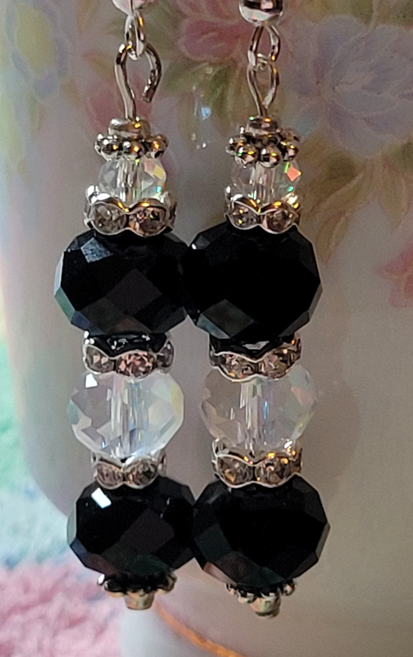 Artisan Elegant BLACK & CLEAR Crystal Dangle Rhinestone Silver PiercedEarrings