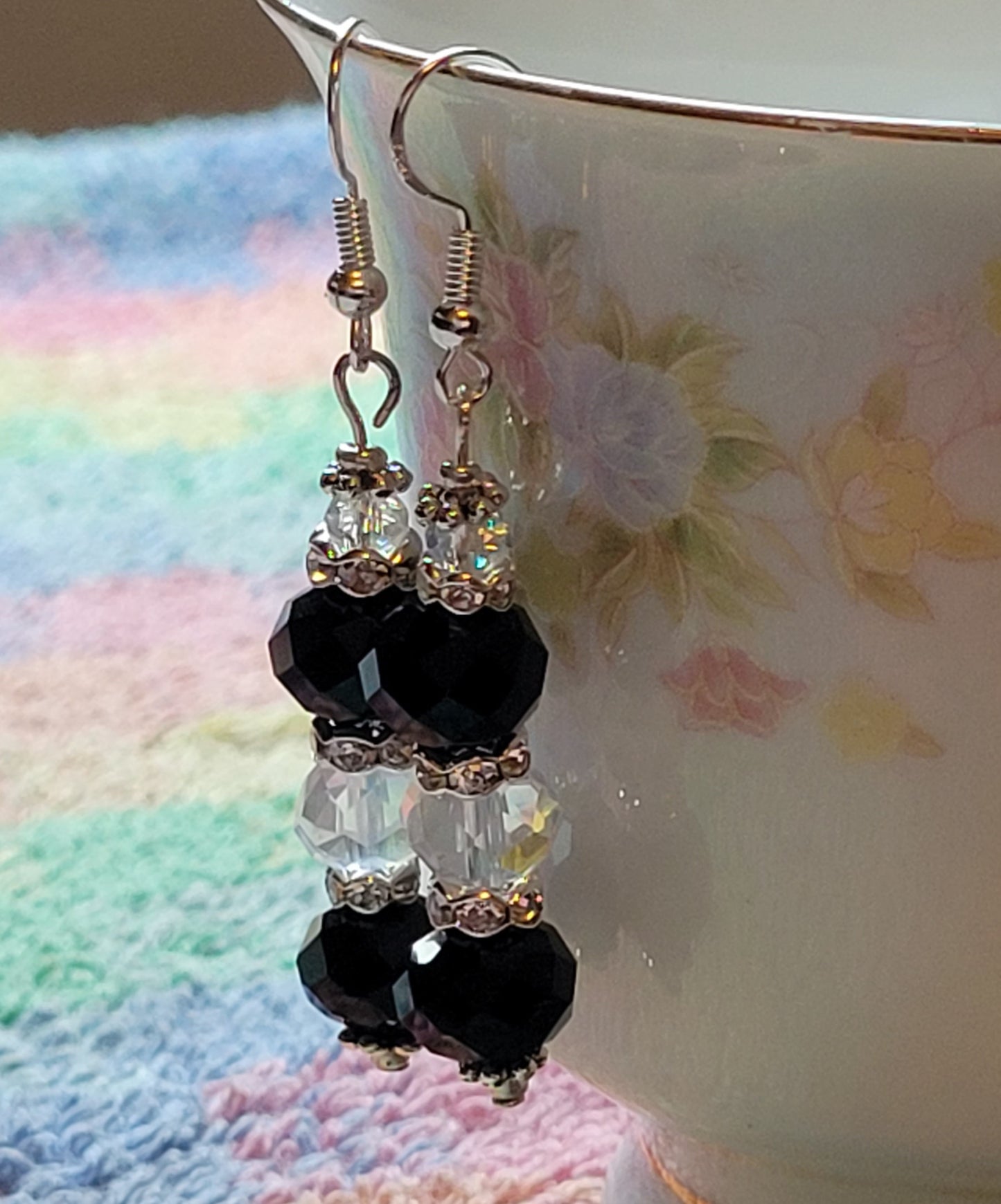 Artisan Elegant BLACK & CLEAR Crystal Dangle Rhinestone Silver PiercedEarrings
