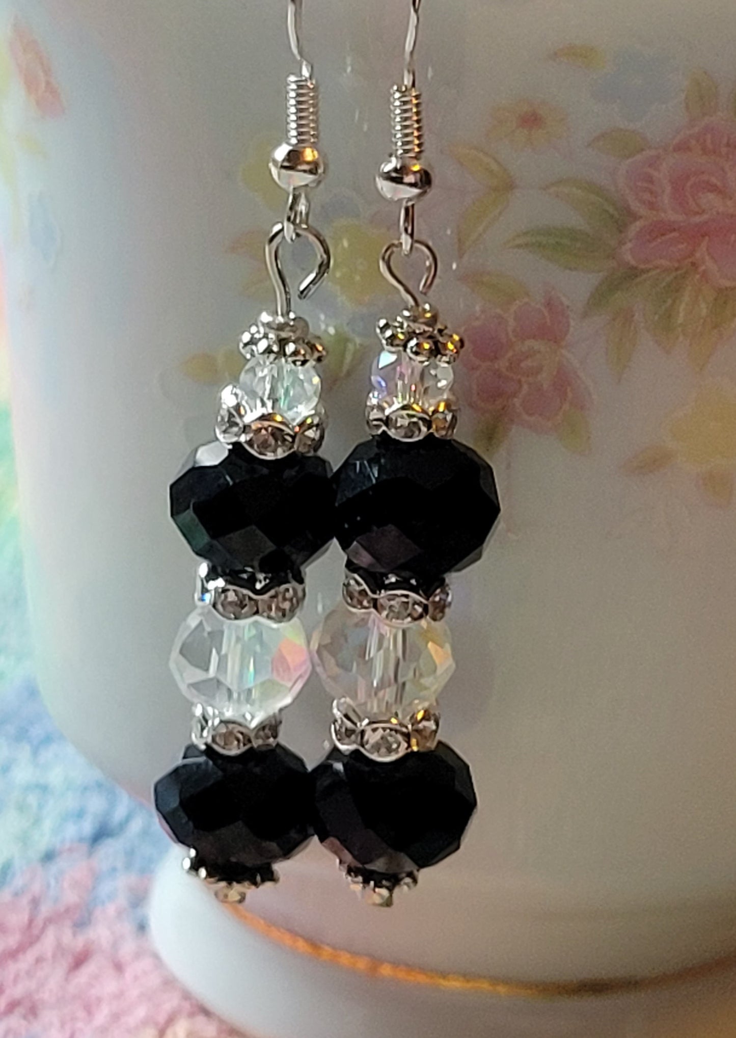 Artisan Elegant BLACK & CLEAR Crystal Dangle Rhinestone Silver PiercedEarrings