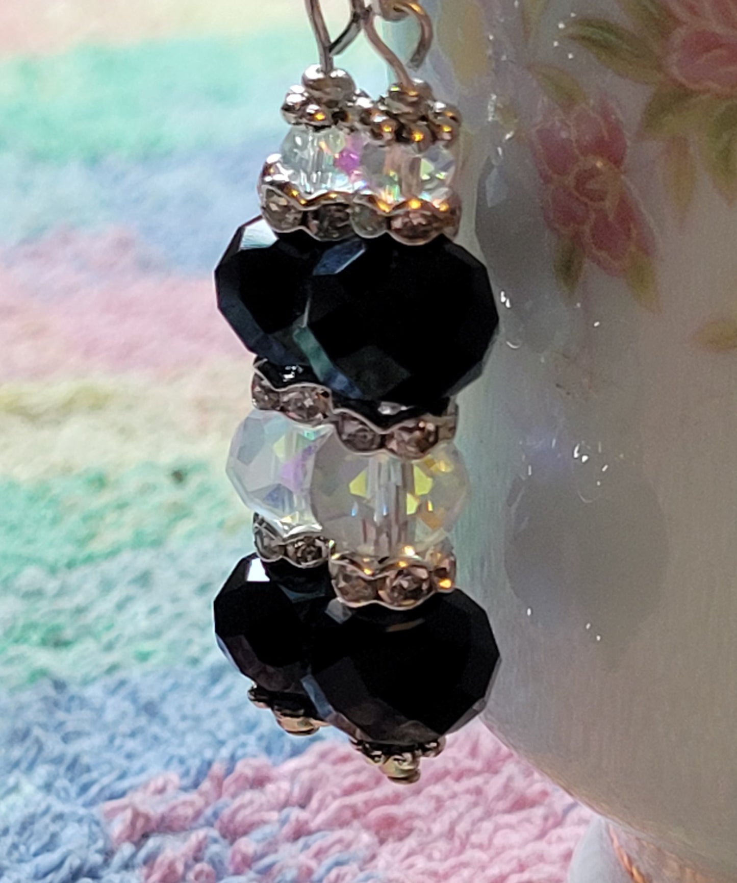 Artisan Elegant BLACK & CLEAR Crystal Dangle Rhinestone Silver PiercedEarrings