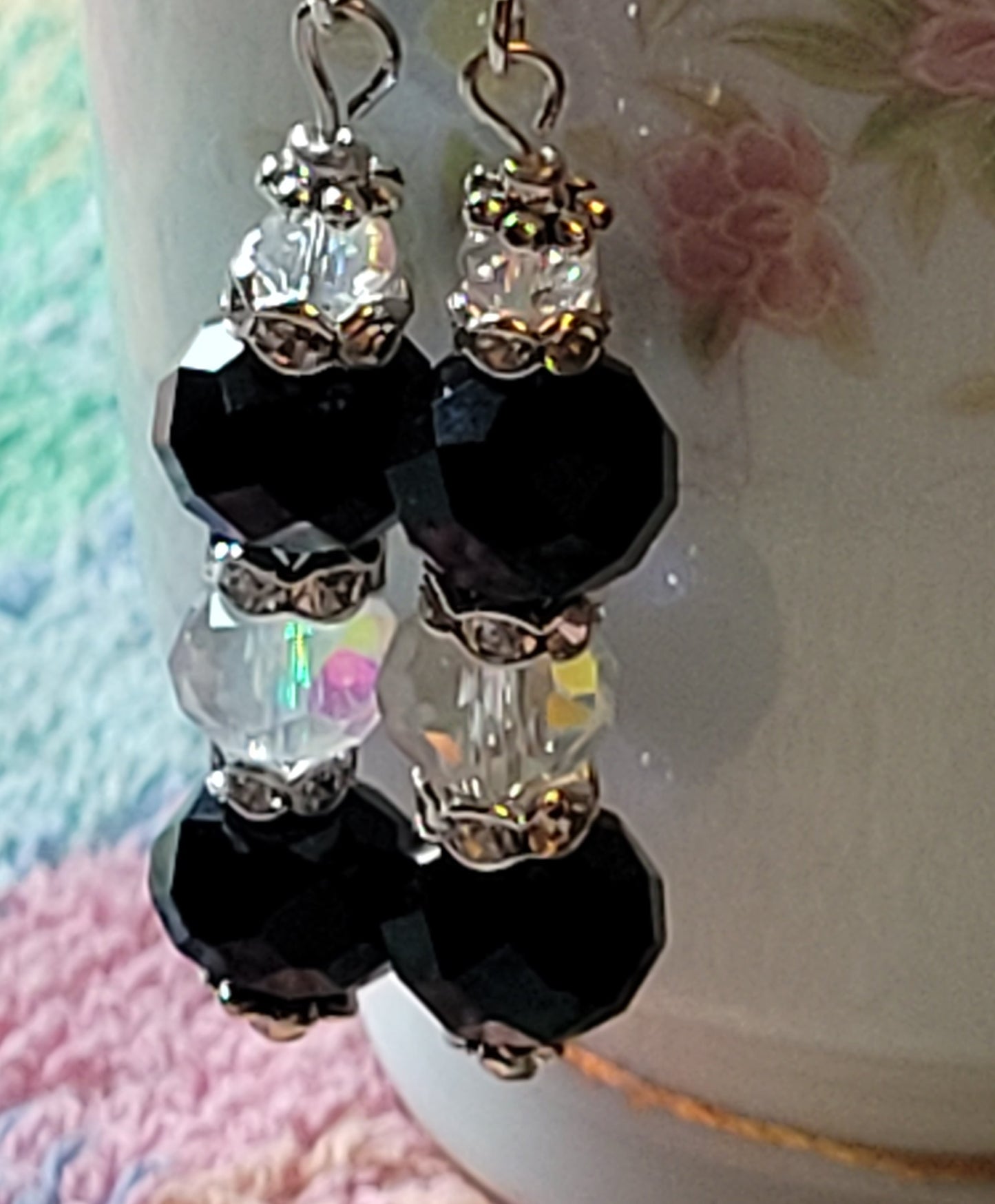 Artisan Elegant BLACK & CLEAR Crystal Dangle Rhinestone Silver PiercedEarrings