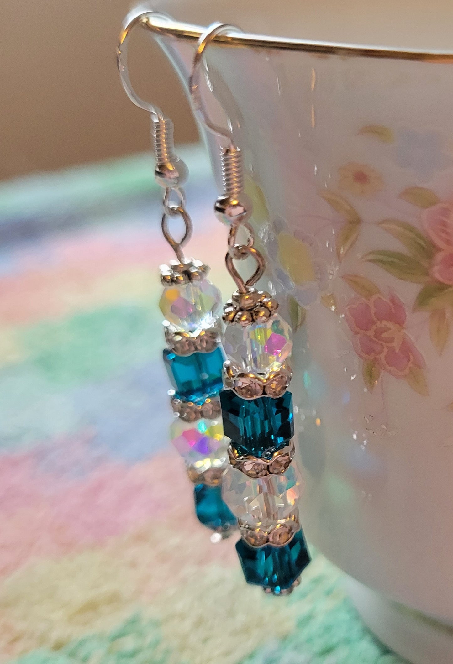 Artisan Elegant TEAL BLUE Crystal Dangle Silver Earrings French Wire Rhinestones