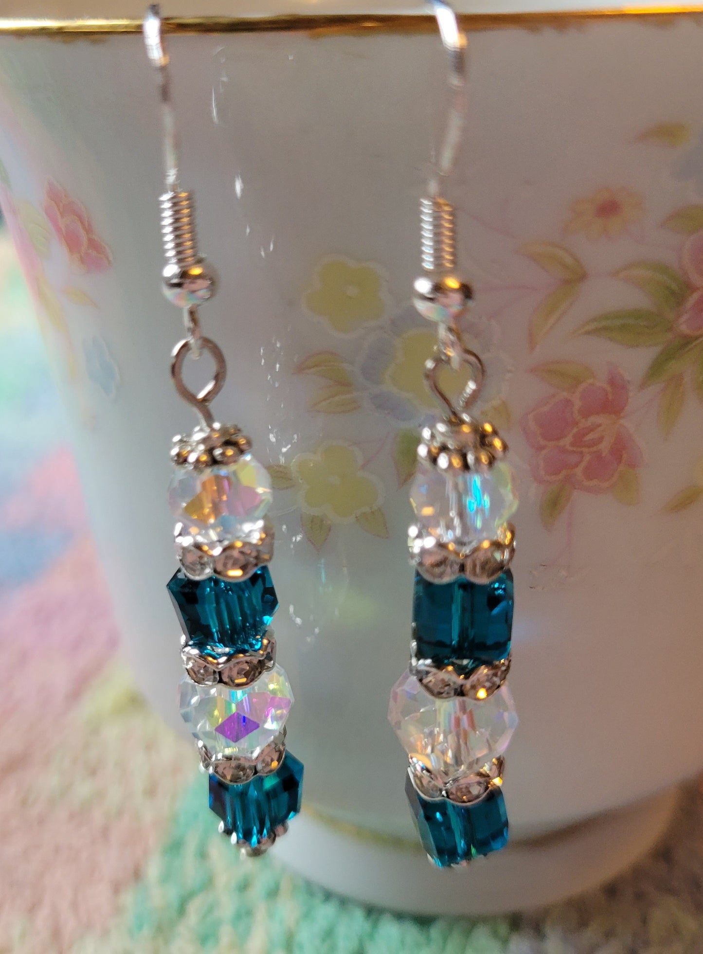 Artisan Elegant TEAL BLUE Crystal Dangle Silver Earrings French Wire Rhinestones