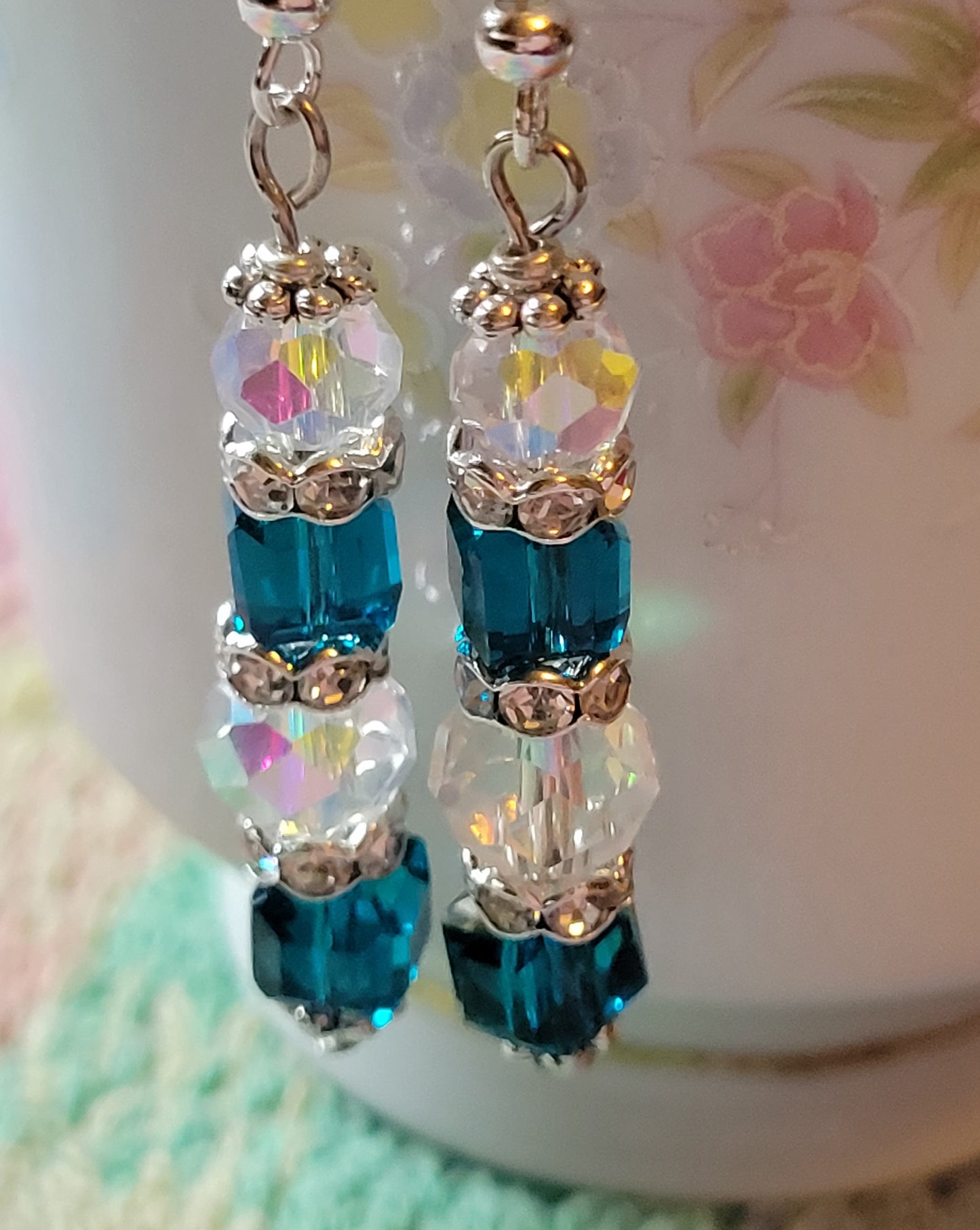 Artisan Elegant TEAL BLUE Crystal Dangle Silver Earrings French Wire Rhinestones