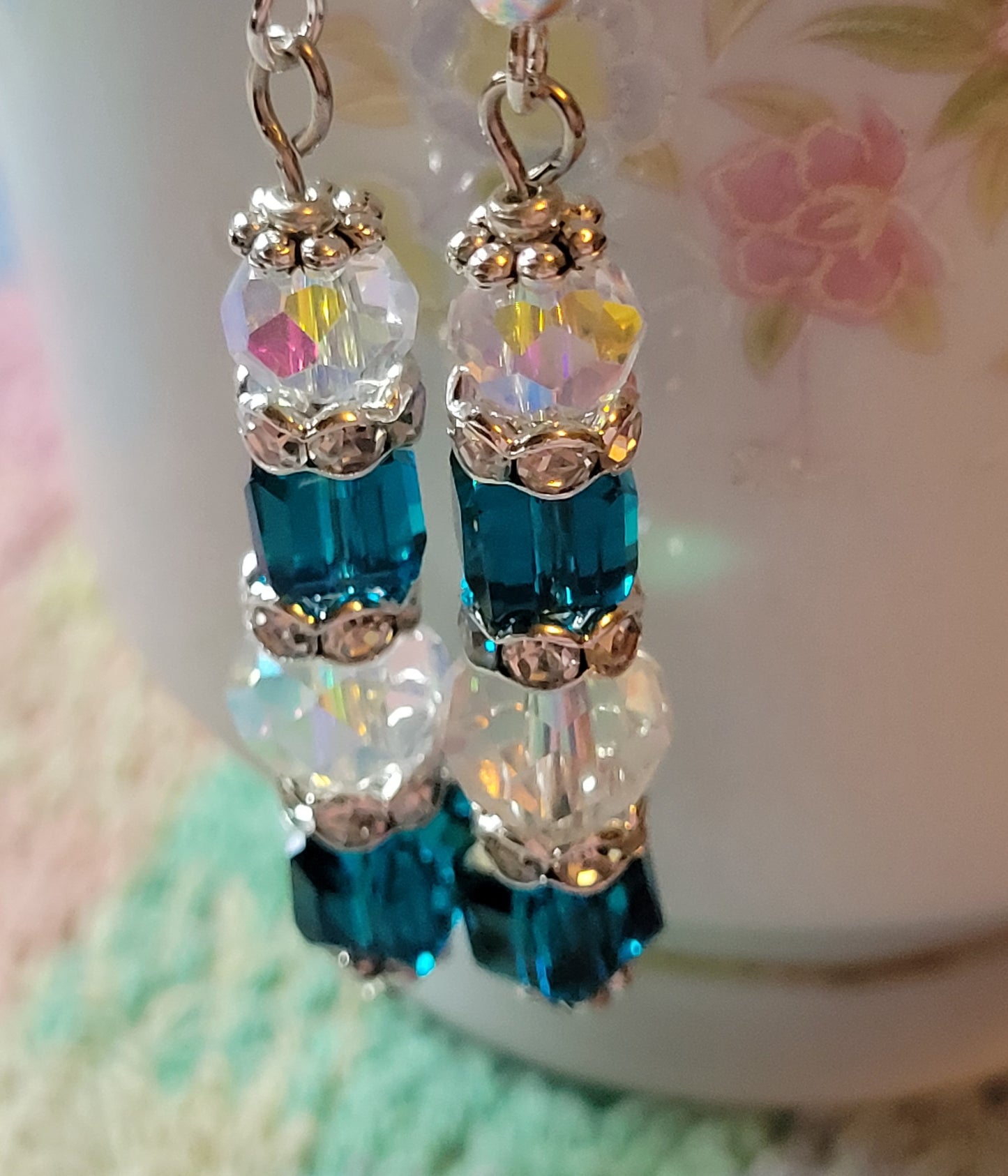 Artisan Elegant TEAL BLUE Crystal Dangle Silver Earrings French Wire Rhinestones