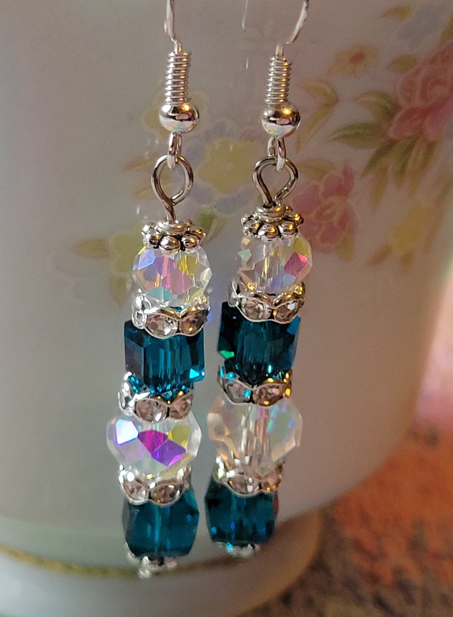 Artisan Elegant TEAL BLUE Crystal Dangle Silver Earrings French Wire Rhinestones