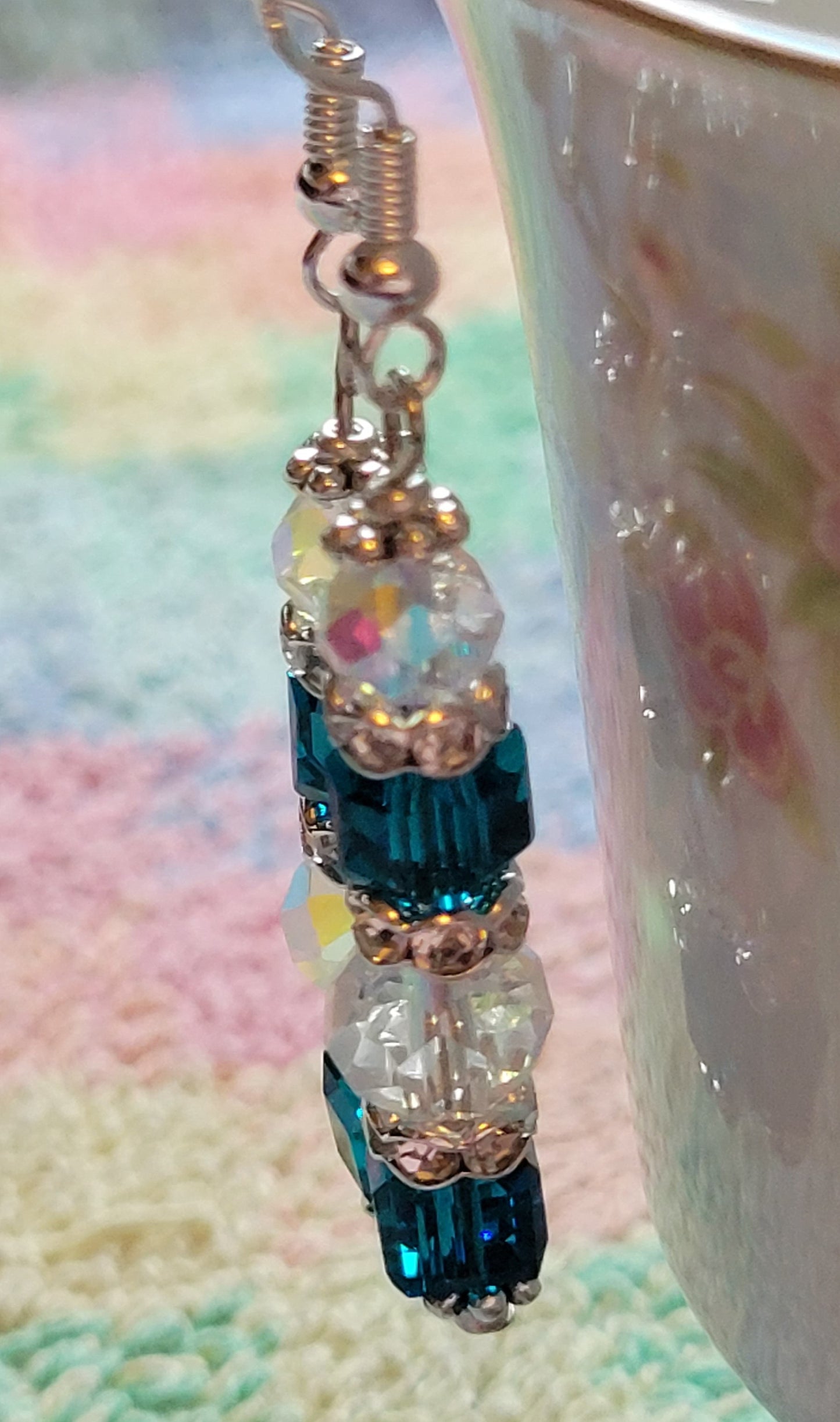 Artisan Elegant TEAL BLUE Crystal Dangle Silver Earrings French Wire Rhinestones