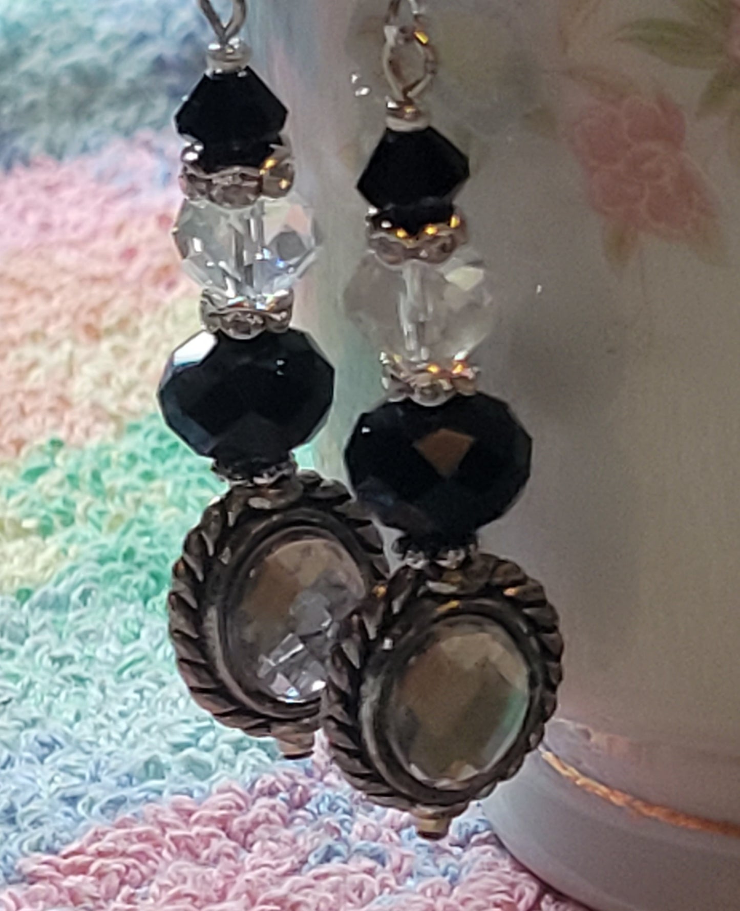 Artisan EXOTIC BLACK Crystal Rhinestone Dangle Drop Silver Earrings French Wire