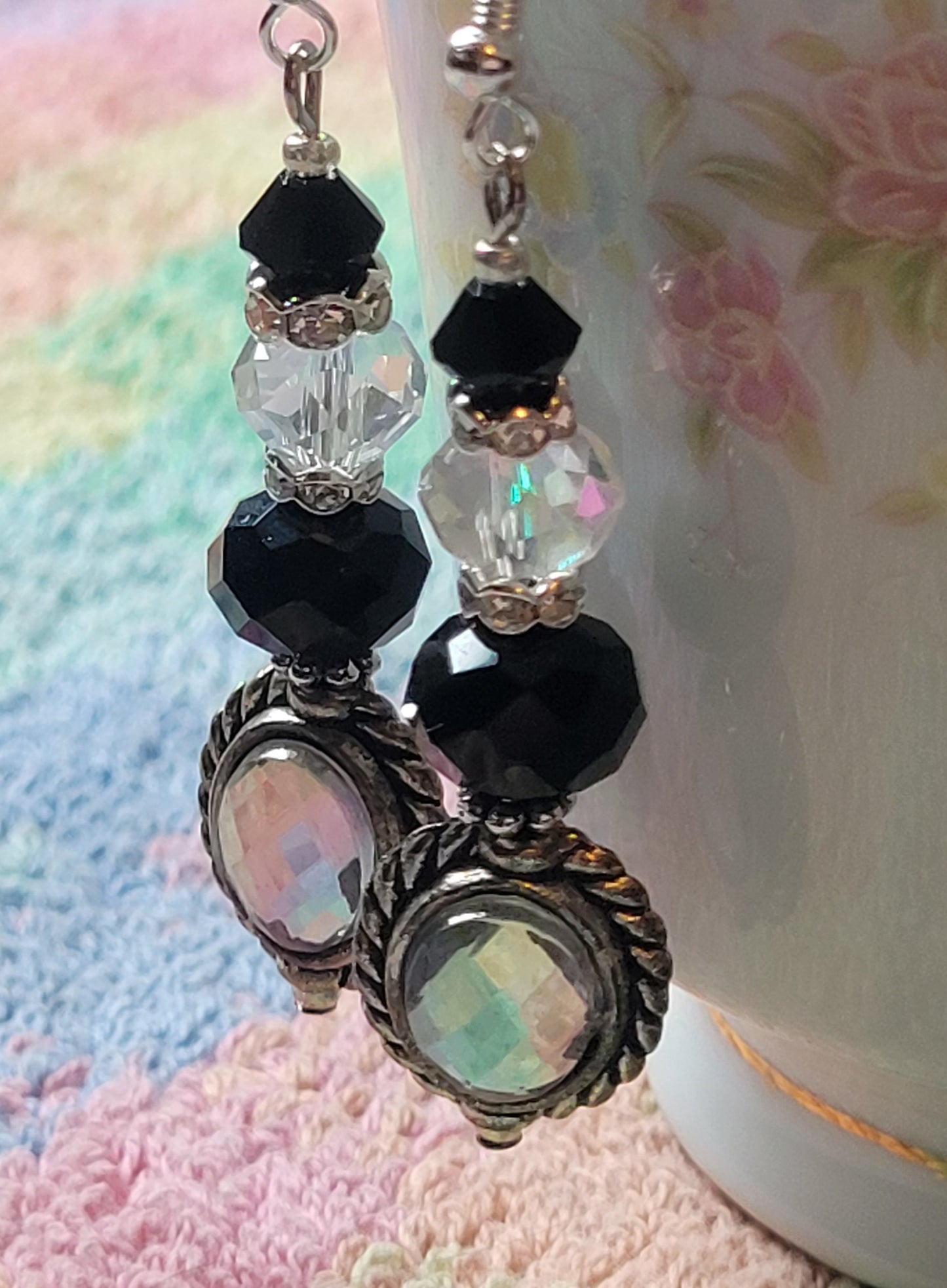 Artisan EXOTIC BLACK Crystal Rhinestone Dangle Drop Silver Earrings French Wire
