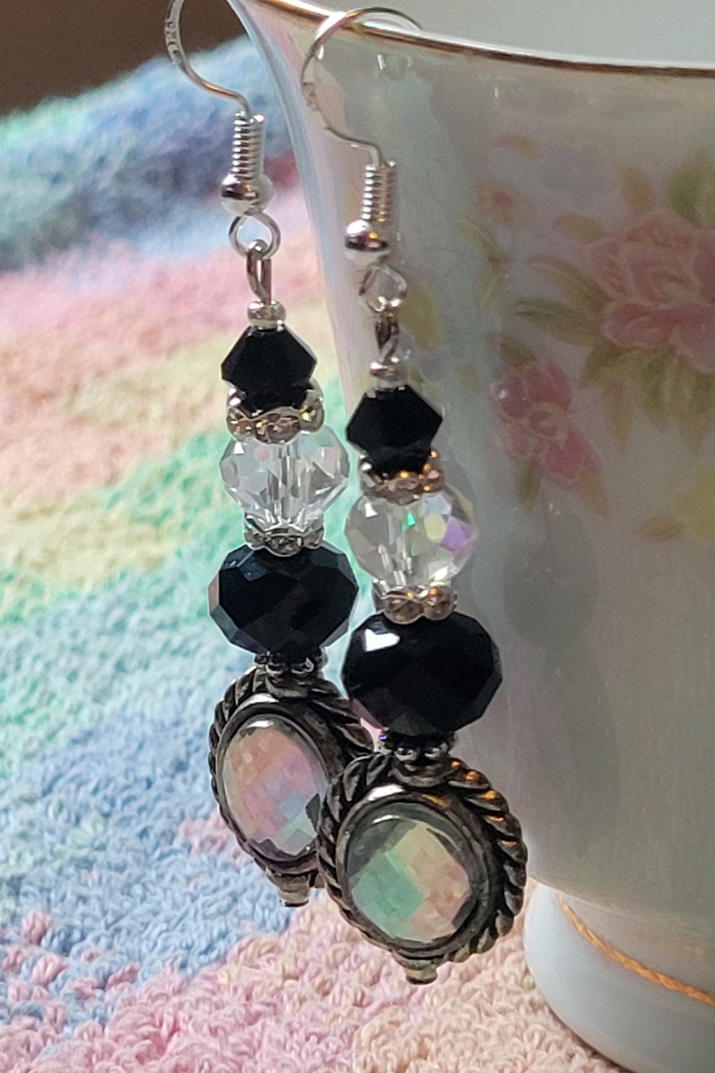 Artisan EXOTIC BLACK Crystal Rhinestone Dangle Drop Silver Earrings French Wire