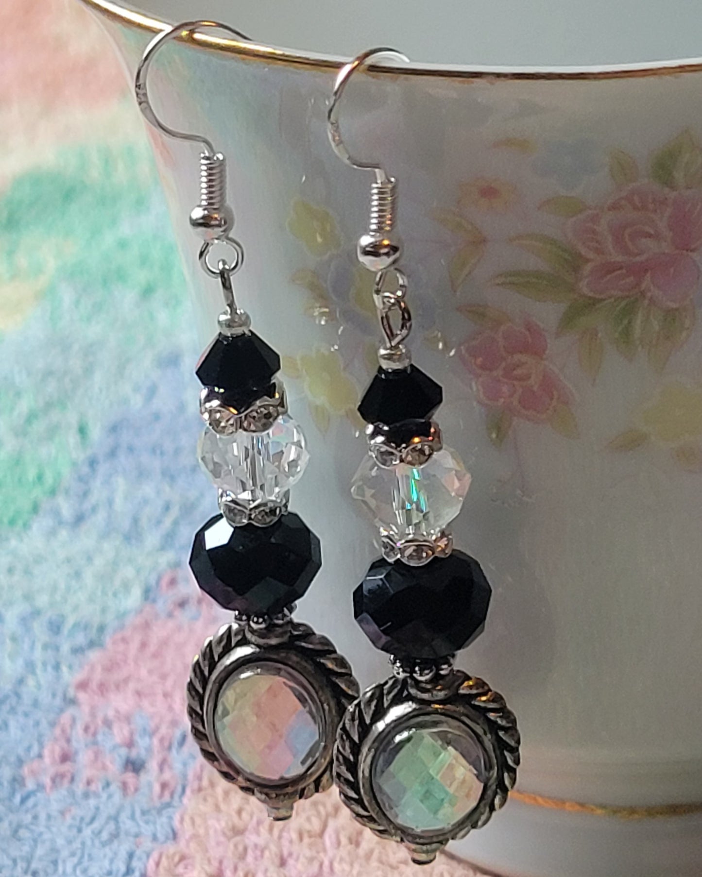 Artisan EXOTIC BLACK Crystal Rhinestone Dangle Drop Silver Earrings French Wire