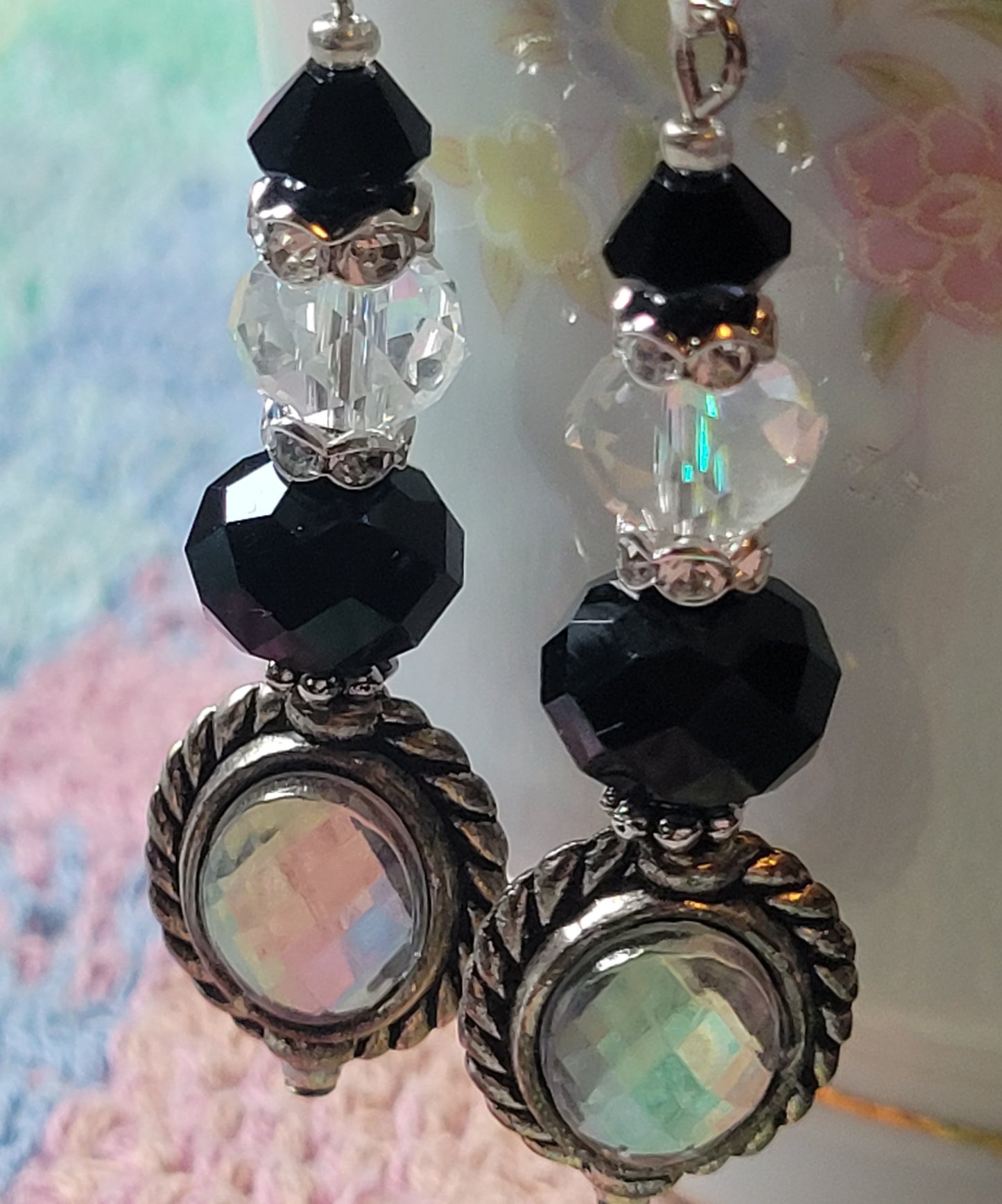Artisan EXOTIC BLACK Crystal Rhinestone Dangle Drop Silver Earrings French Wire