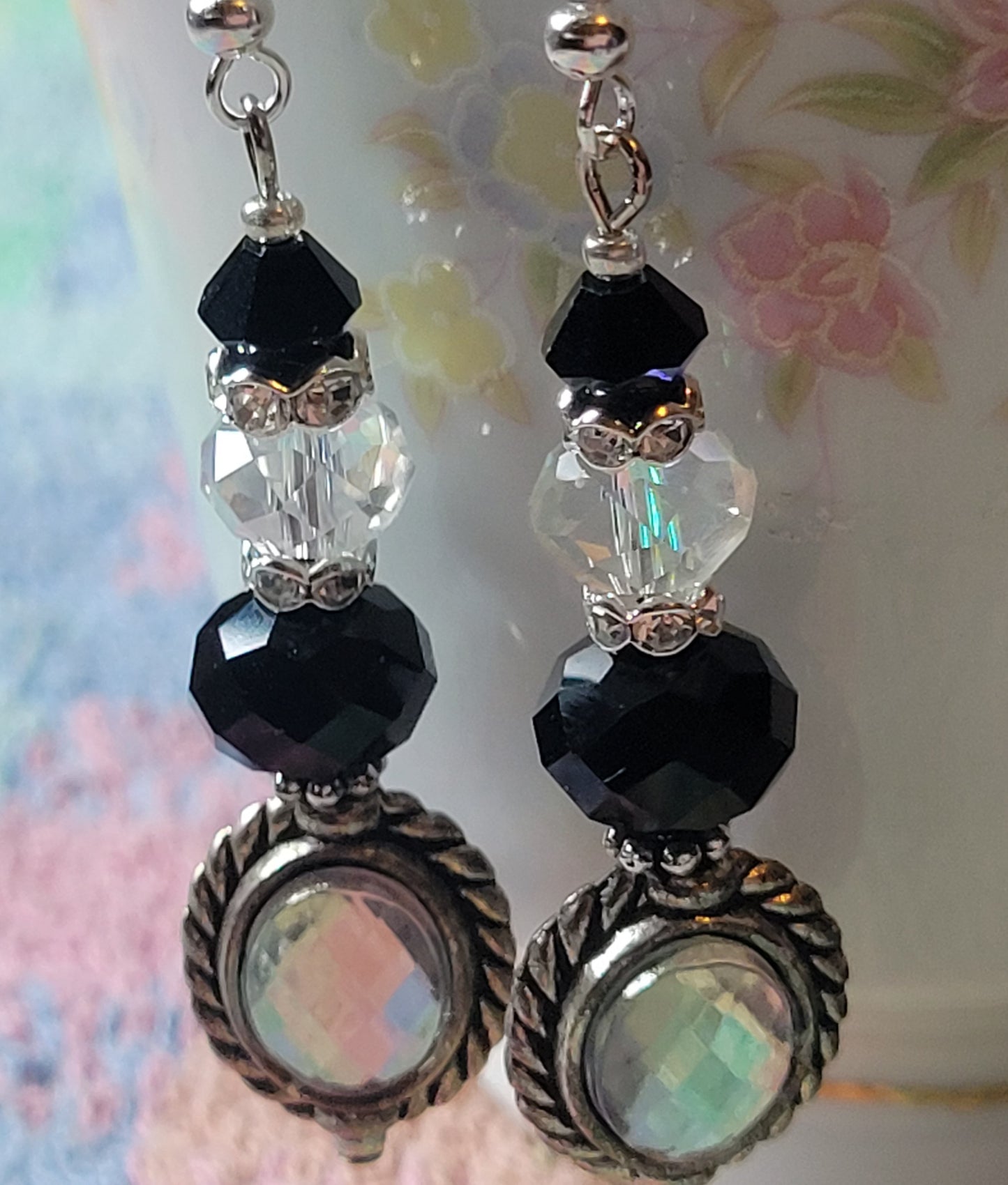 Artisan EXOTIC BLACK Crystal Rhinestone Dangle Drop Silver Earrings French Wire
