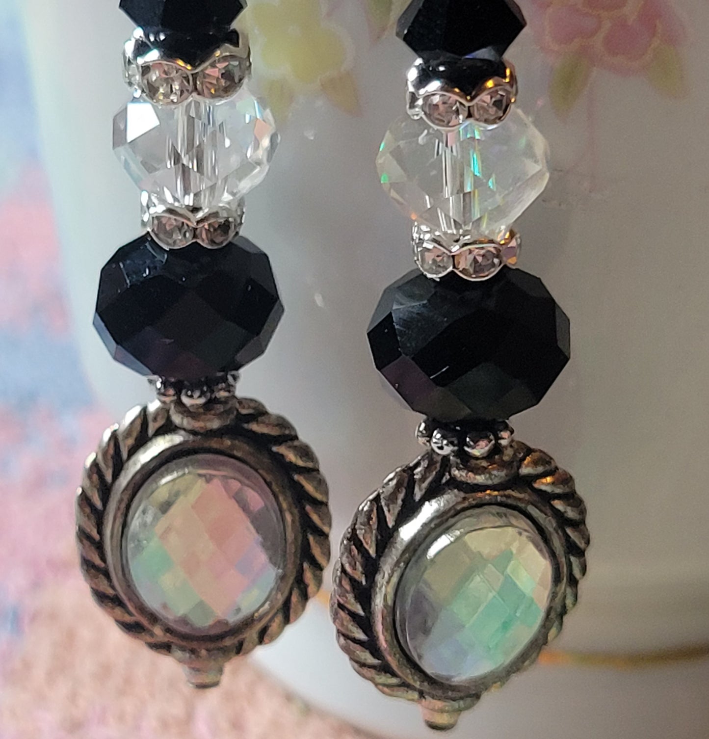 Artisan EXOTIC BLACK Crystal Rhinestone Dangle Drop Silver Earrings French Wire