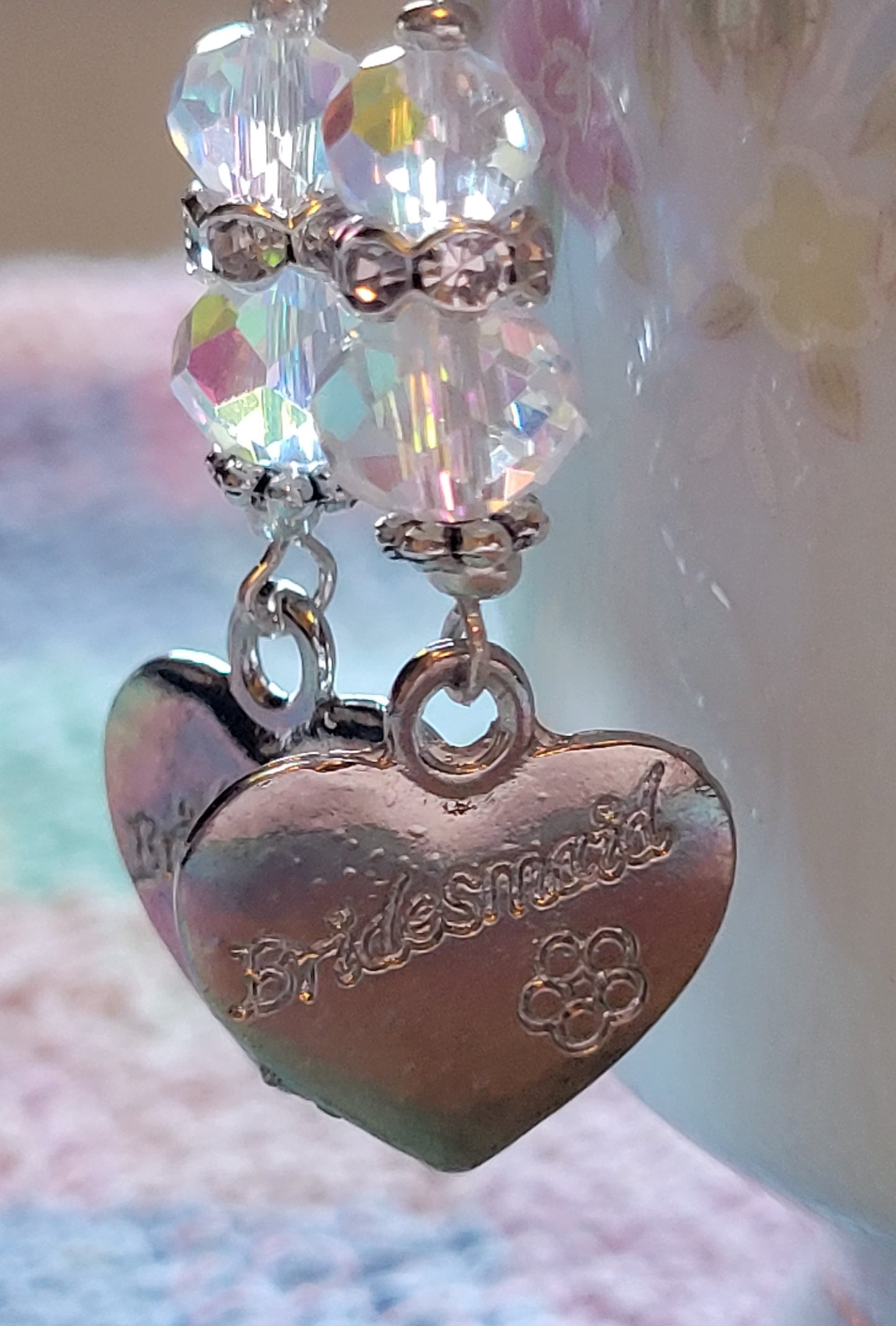 Artisan BRIDESMAID Silver HEART Clear Crystal Dangle Drop Earrings Rhinestones