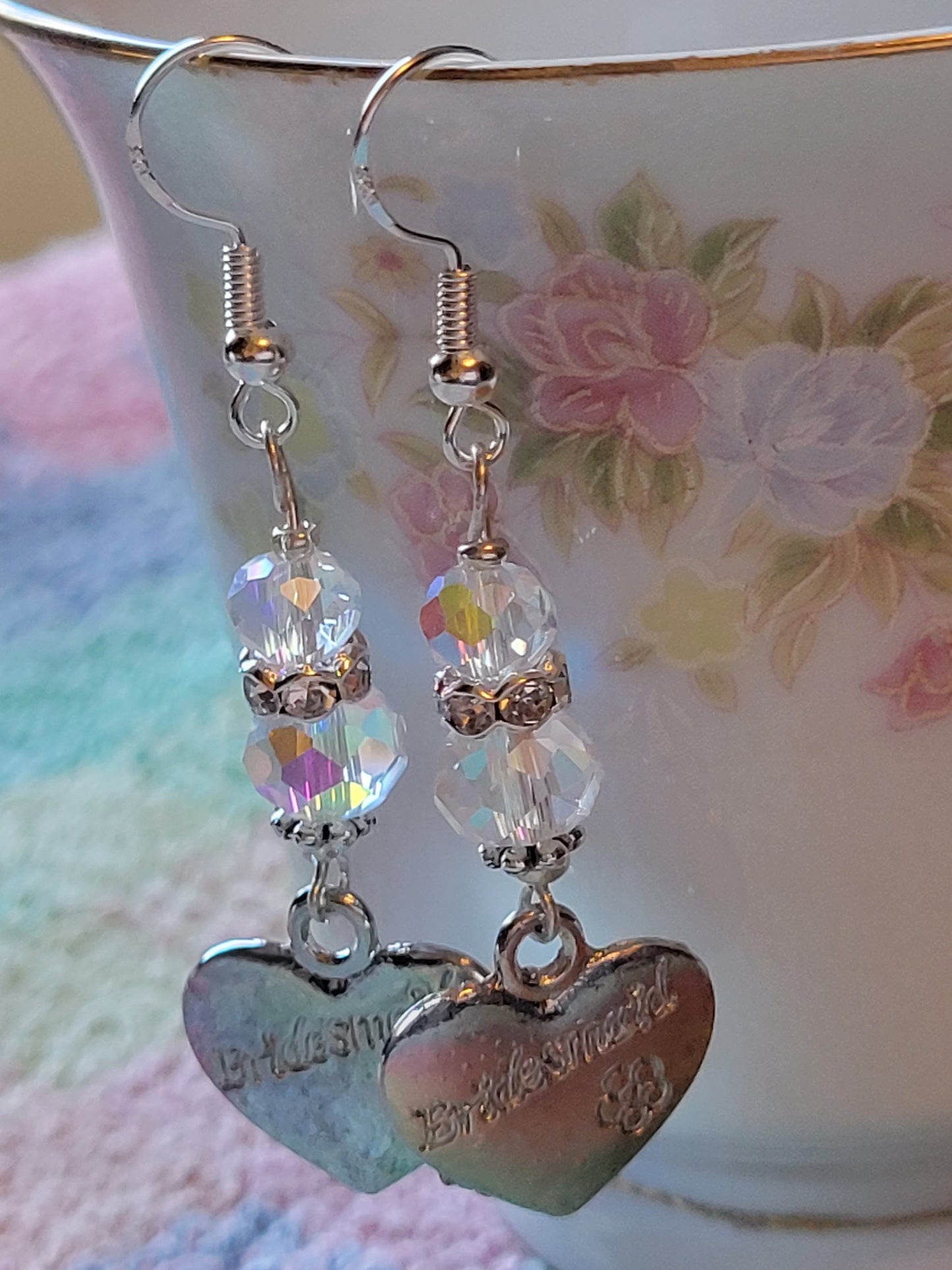 Artisan BRIDESMAID Silver HEART Clear Crystal Dangle Drop Earrings Rhinestones