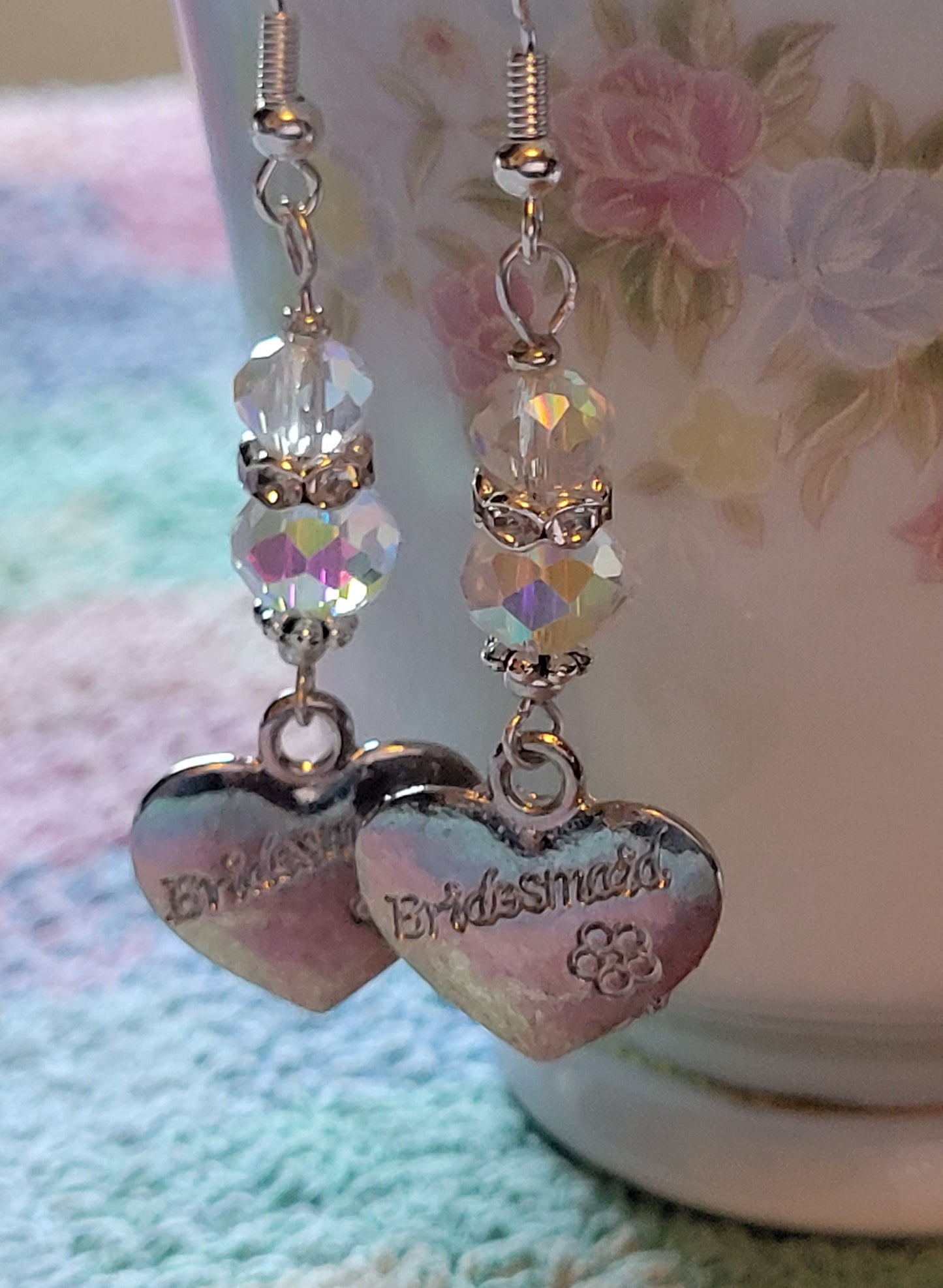 Artisan BRIDESMAID Silver HEART Clear Crystal Dangle Drop Earrings Rhinestones