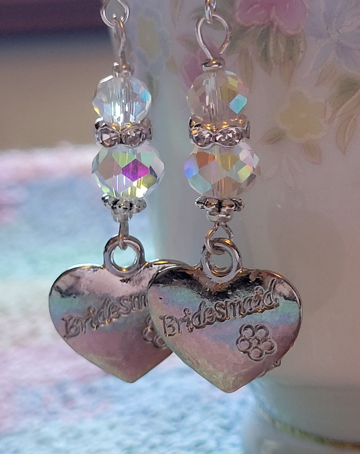 Artisan BRIDESMAID Silver HEART Clear Crystal Dangle Drop Earrings Rhinestones