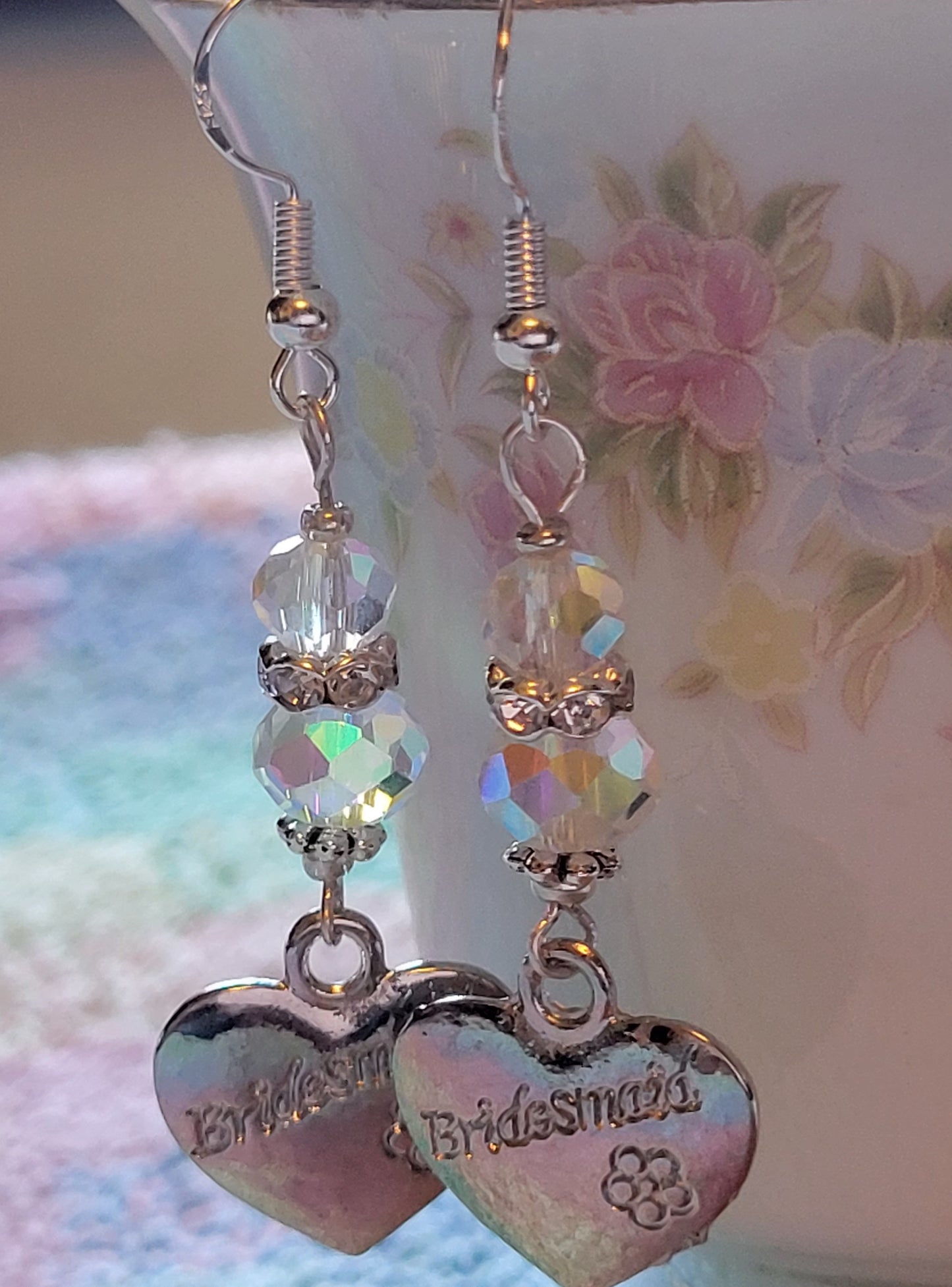 Artisan BRIDESMAID Silver HEART Clear Crystal Dangle Drop Earrings Rhinestones