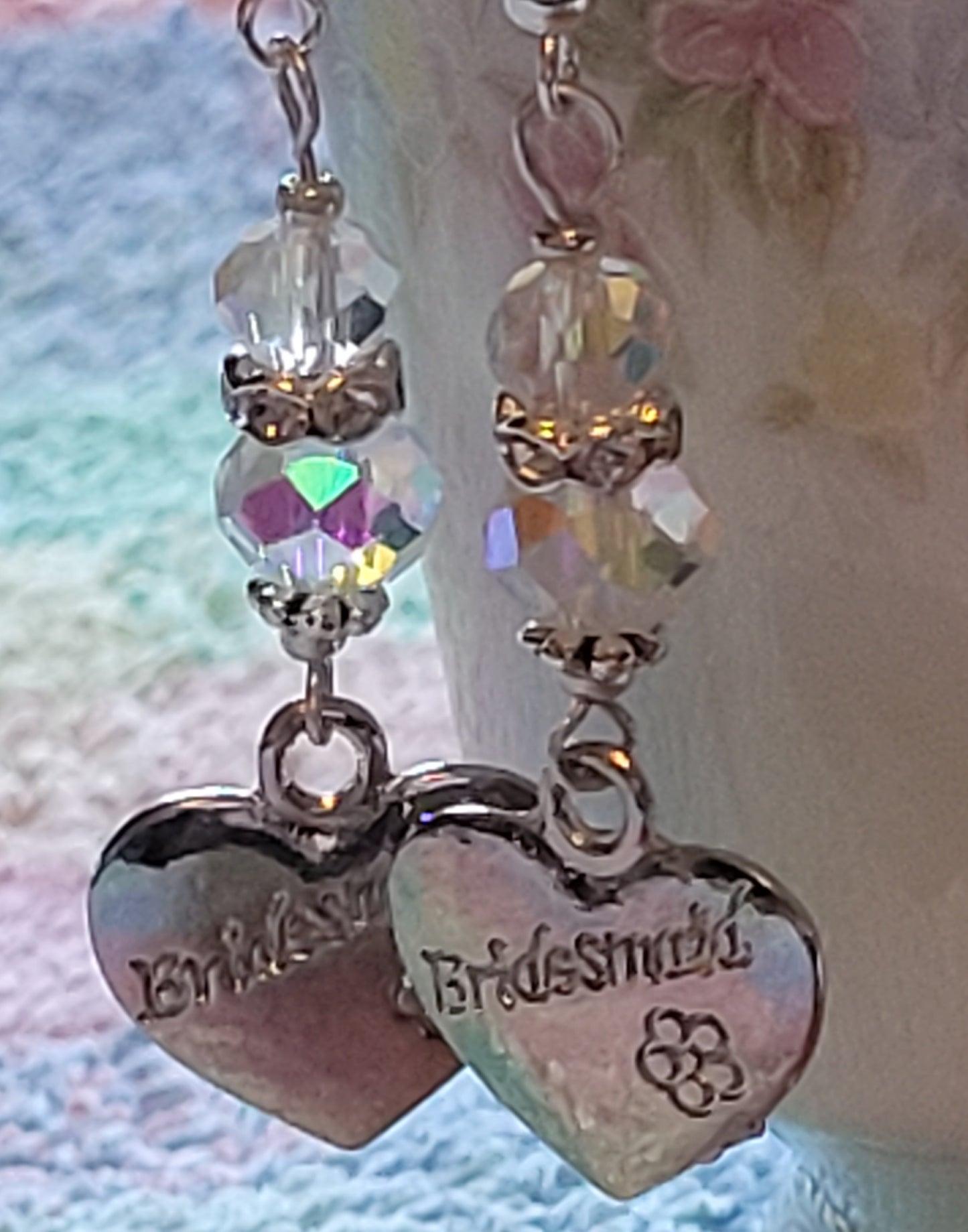 Artisan BRIDESMAID Silver HEART Clear Crystal Dangle Drop Earrings Rhinestones