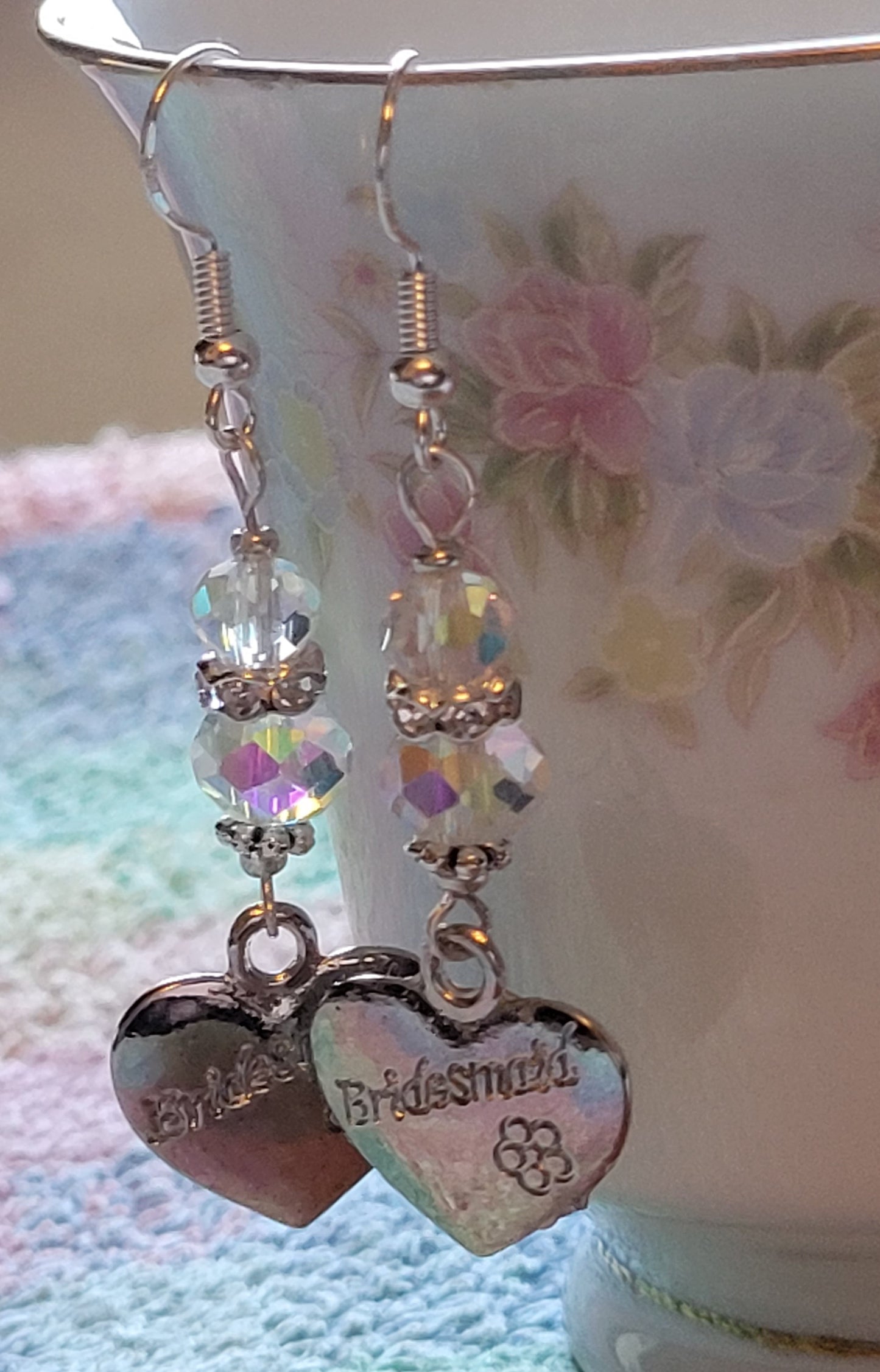 Artisan BRIDESMAID Silver HEART Clear Crystal Dangle Drop Earrings Rhinestones